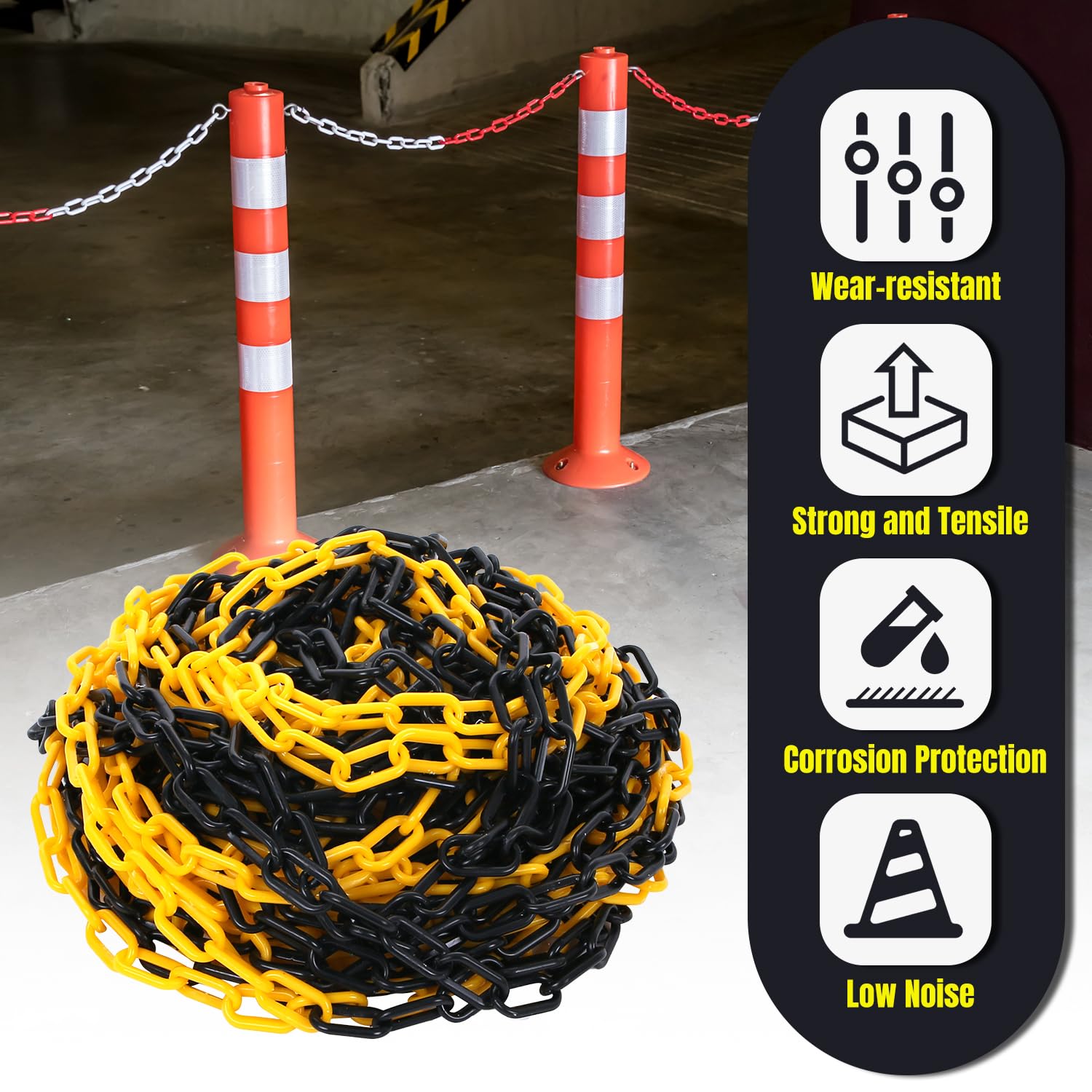 Chaîne de signalisation de 30,5 m en plastique, chaîne de sécurité noire/jaune, chaînes de signalisation pour la sécurité d'avertissement, contrôle des foules, circulation, file d'attente