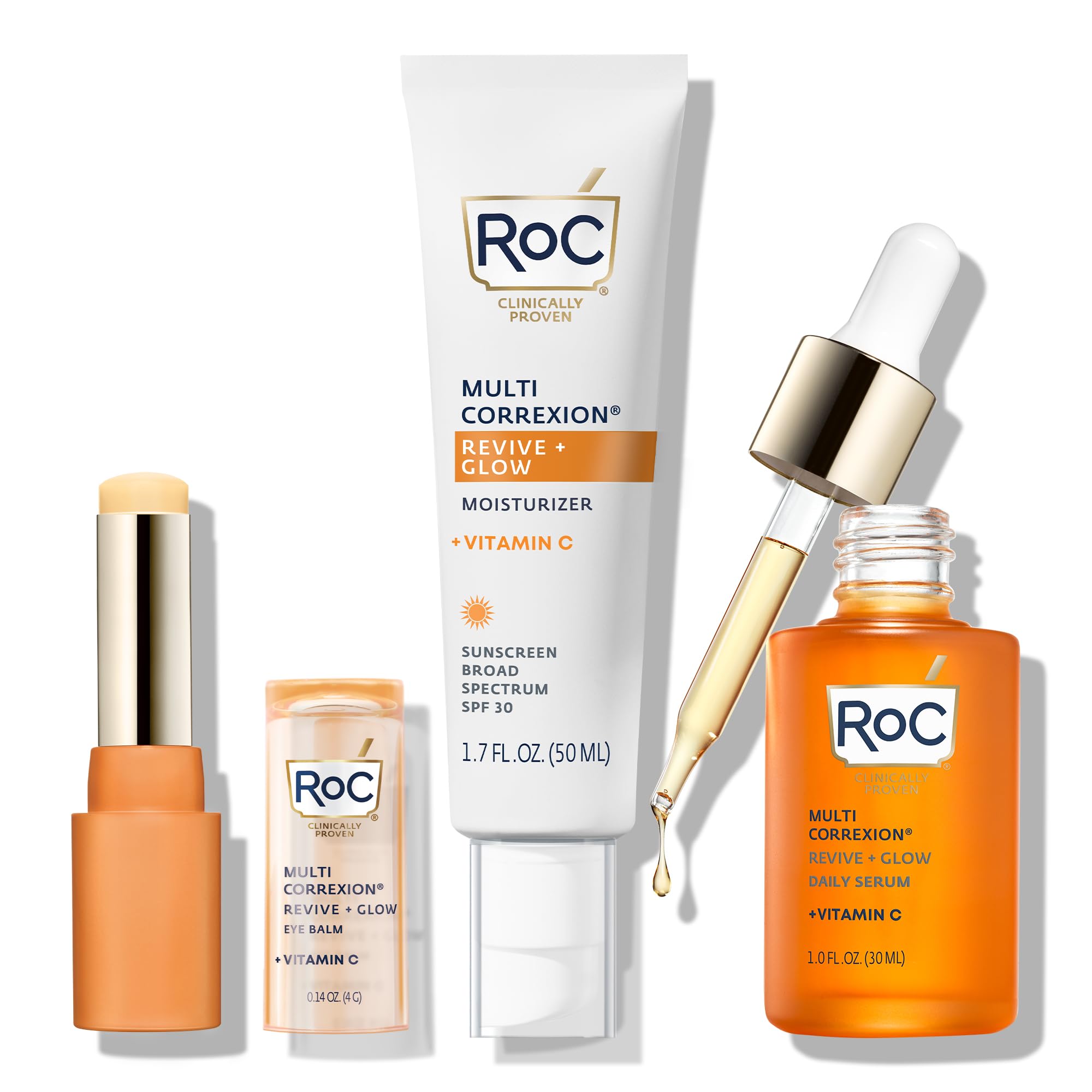 RoCMulti Correxion Revive + Glow Vitamin C Skin Care Routine: Eye Balm + Serum + SPF 30 Moisturizer, Skincare Set for Women and Men