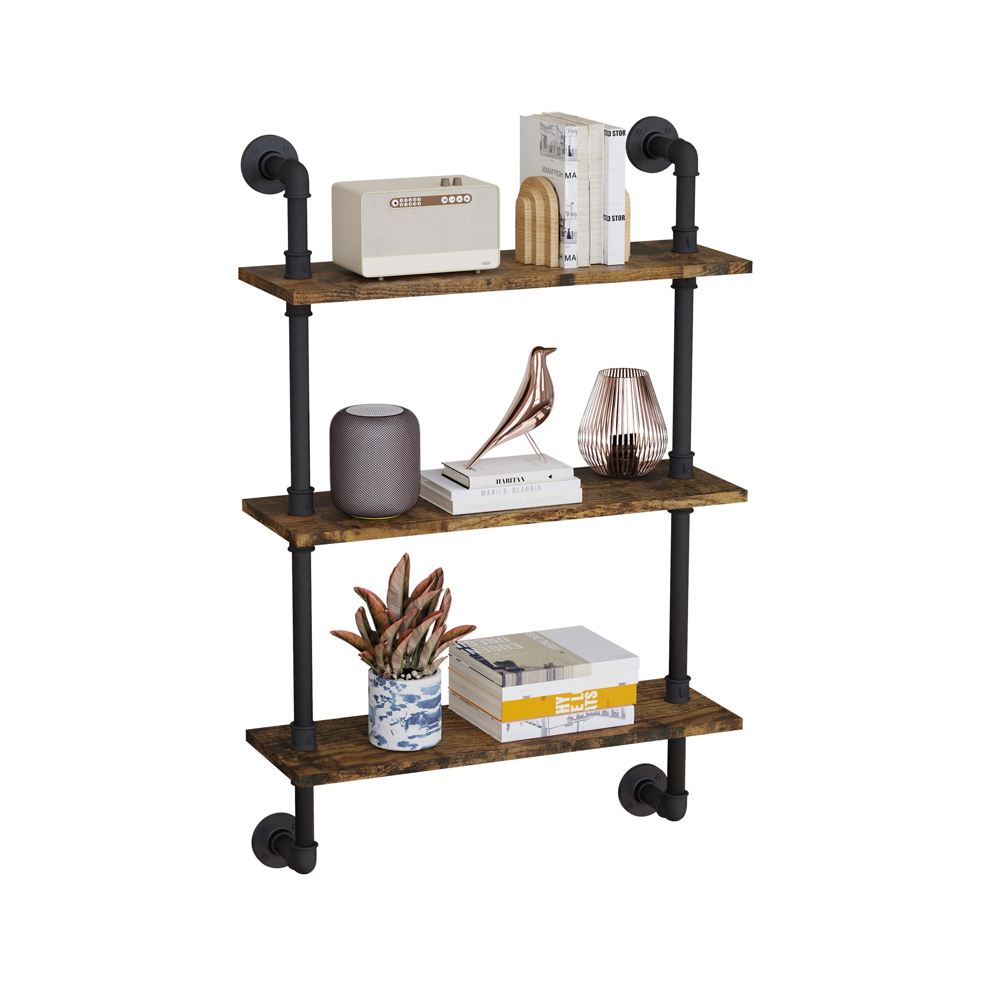 Arceisle 24" Industrial Floating Shelves, Pipe Shelves for Wall, 3 Tier Rustic Wood Wall Shelves for Home Décor, Bedroom, Living Room, Bathroom