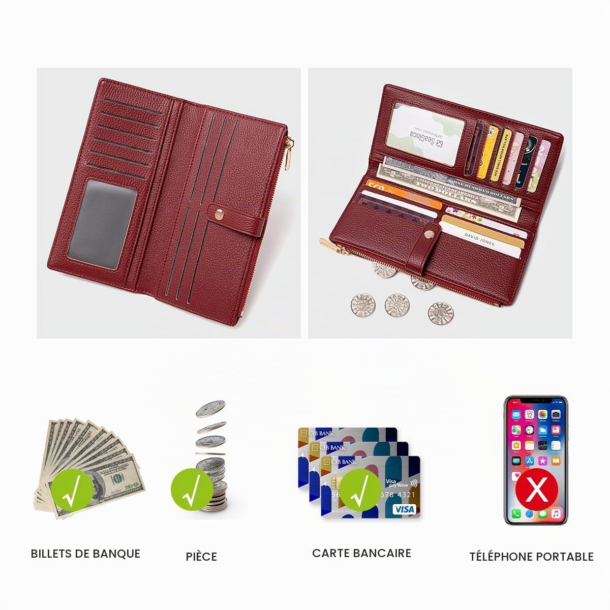 David Jones - Portefeuille Compagnon Femme Simili Cuir - Porte-Cartes Long Porte-Monnaie Cuir synthétique PU - Poche à Billets et Pièces - Beige