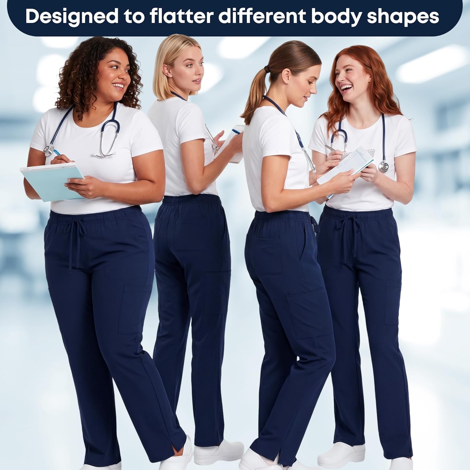 PANDAMED SCRUBS Womens' Medical Scrubs Pants, Stretch Tapered Fit, Elastic Drawstring Waistband, Multiple Pockets,XS-2XL