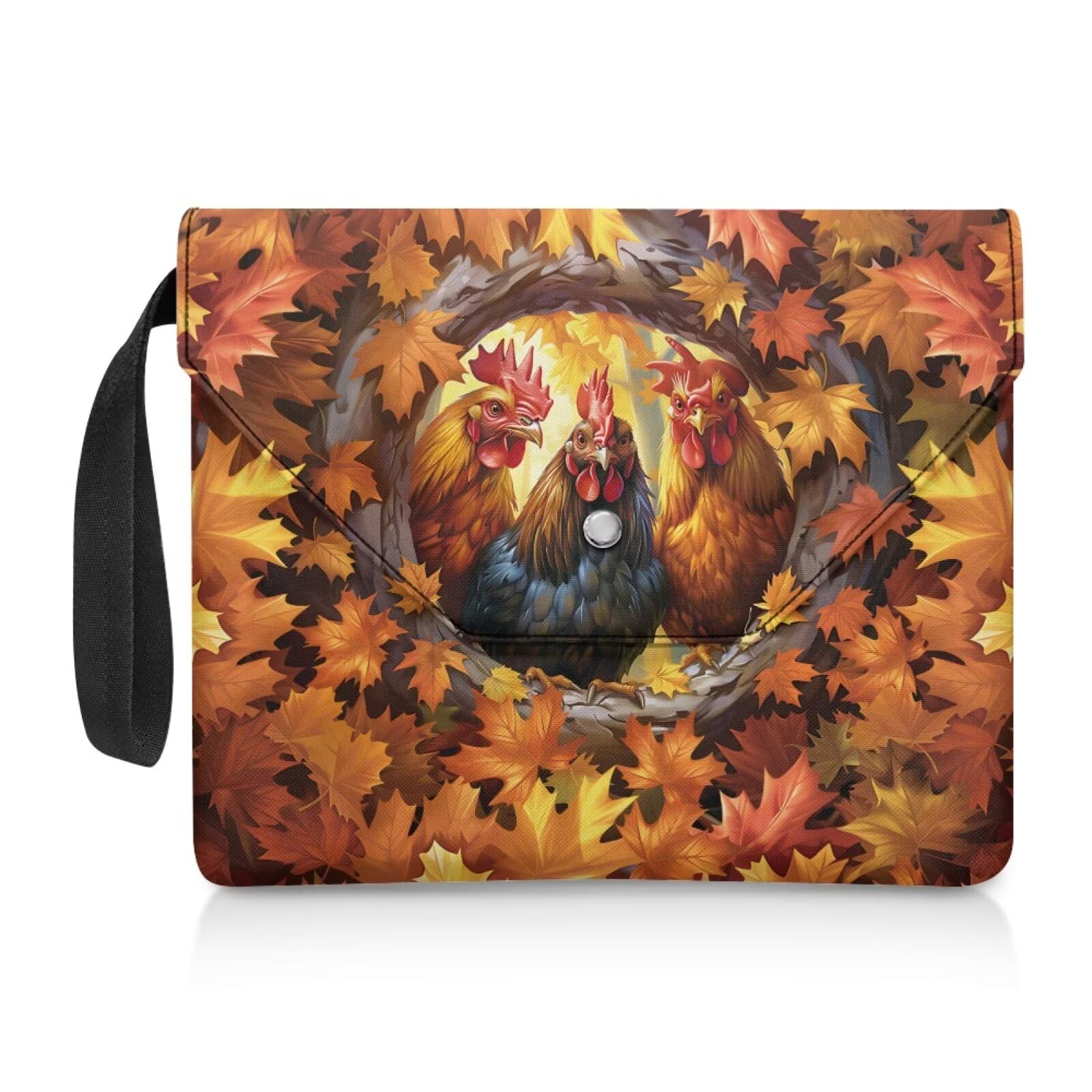 ZIATUBLES Fall Leaf Funny Rooster Print Book Sleeve Washable Fabric Paperback Book Protector Covers Pouch with Button Flap for Book Lovers, 30x24 CM