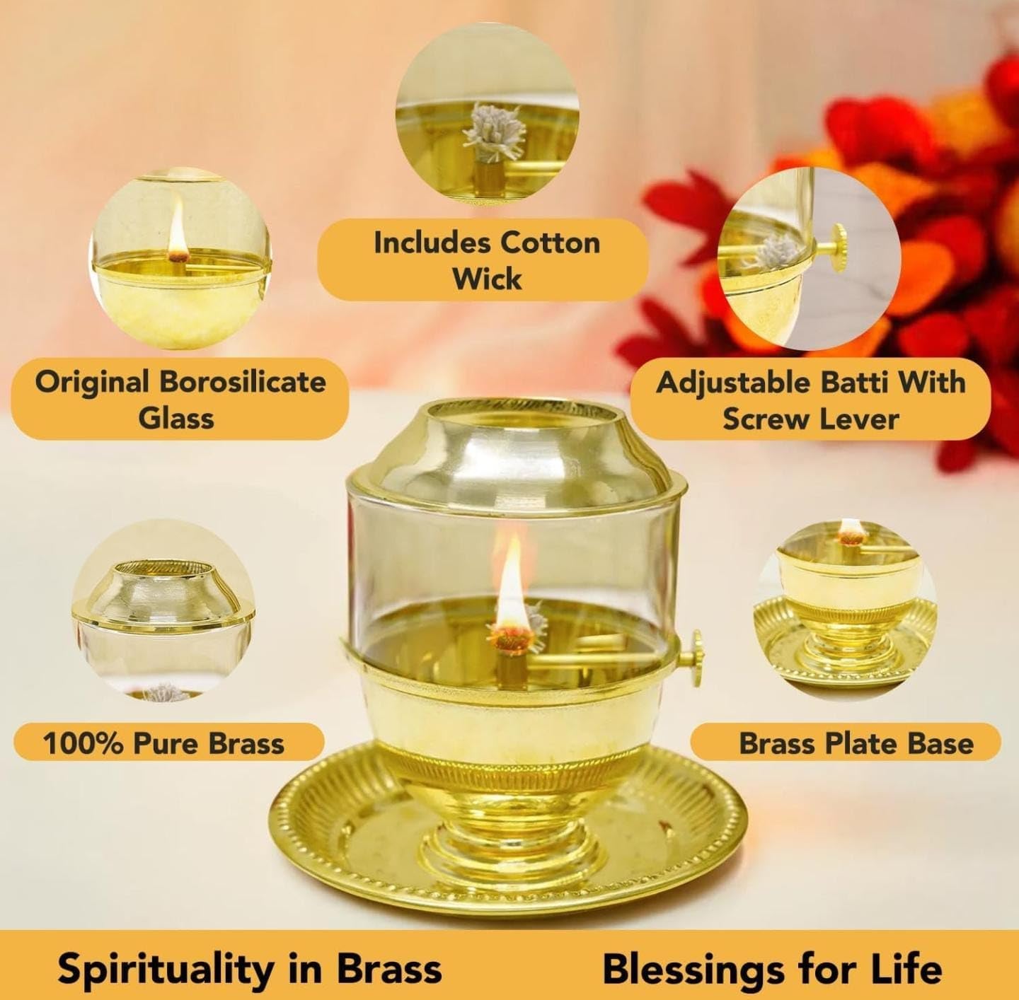 Pure Brass Akhand Jyot Diya with Glass Cover and Attached Plate – 48-Hour Long Burning Oil Lamp for Puja, Aarti, Temple, Meditation – 250ml Capacity, Adjustable Wick, Gold Finish Mandir Decor - Medium
