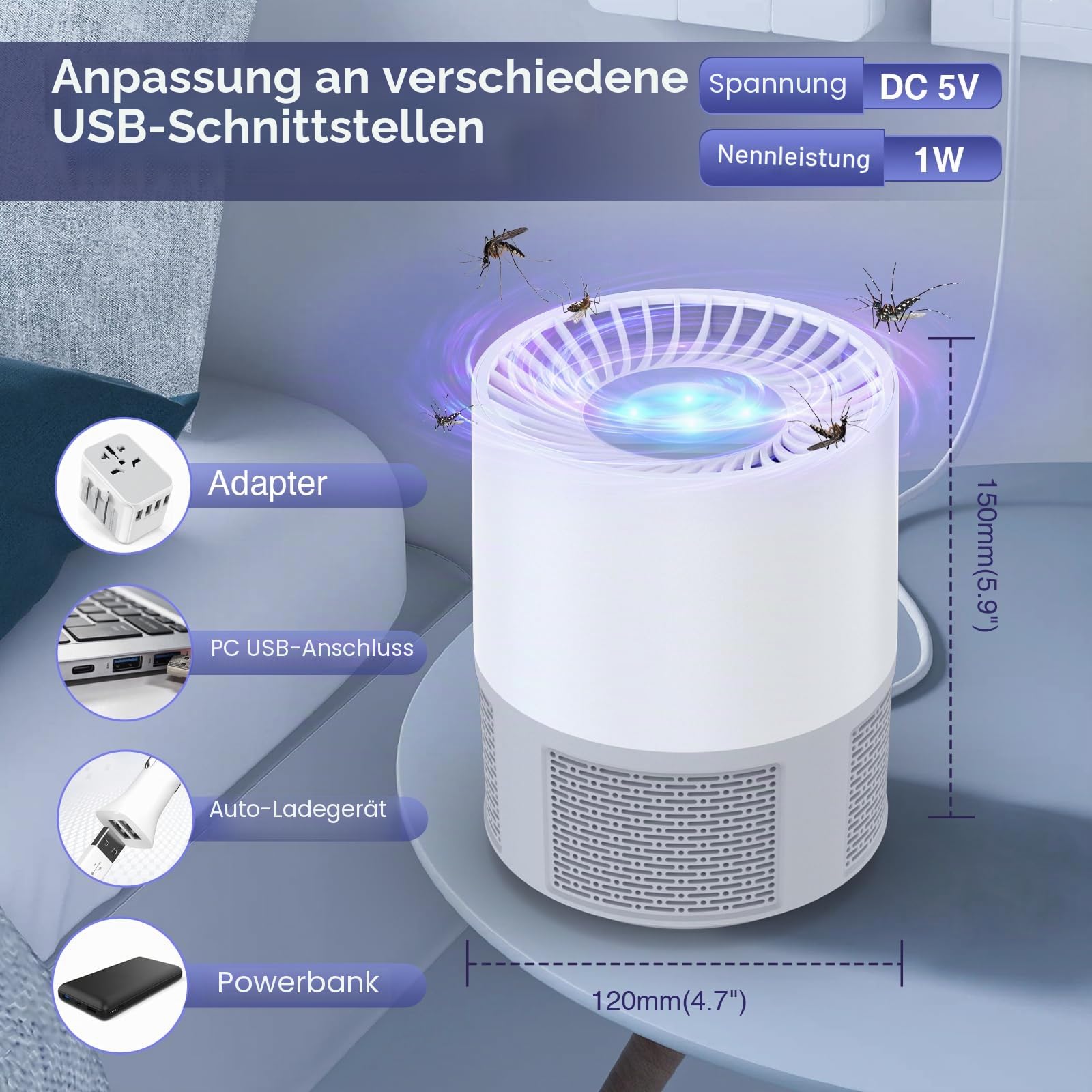Insektenvernichter Elektrisch, UV Mückenlampe Fliegenfalle Innenbereich Mückenfalle Mückenschutz, USB Mosquito Repellent Tragbare Fliegenfallen für Schlafzimmer, Wohnzimmer Büro, Küche und Camping