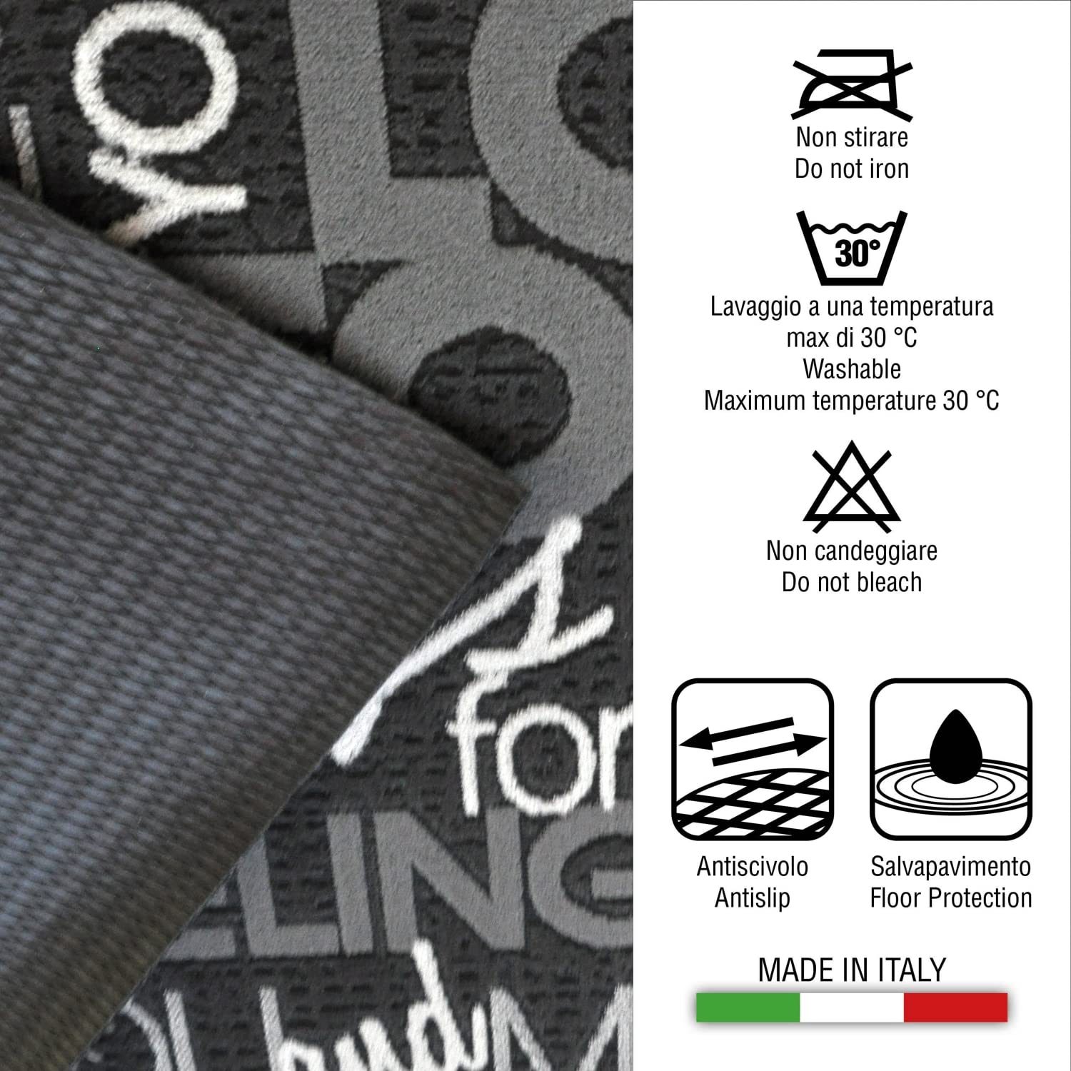 LaVelahome Tappeto Cucina Antiscivolo Grigio Nero Love – Superficie Assorbente – Lavabile in Lavatrice – Design Living con Scritte 3D – Personalizzabile – Made in Italy (cm 50 x 245)
