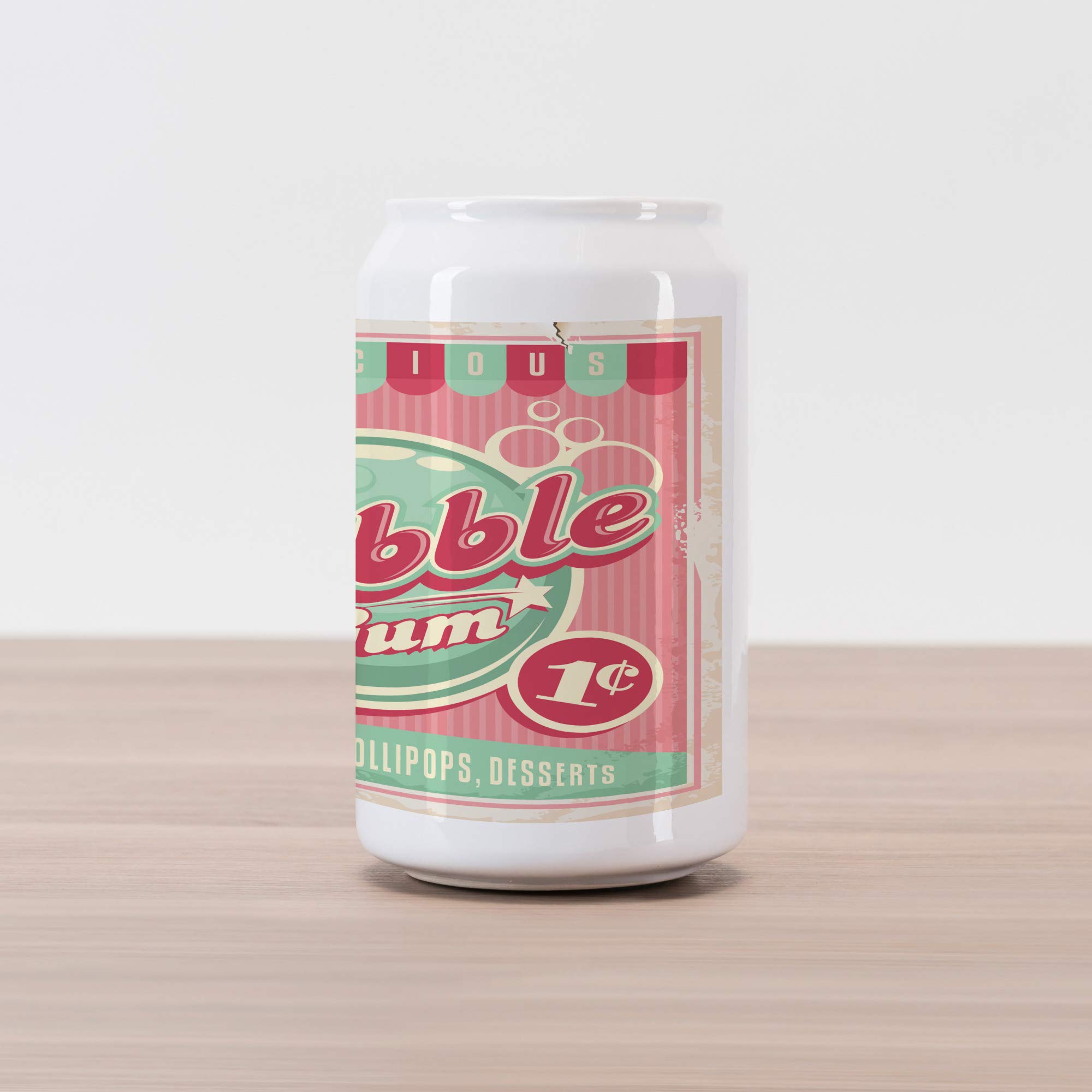 Lunarable 1950s Cola Can Shape Piggy Bank, Bubble Gum Tasty Candy Lollipop Sweet Sugar Advertise Poster Style, Ceramic Cola Shaped Coin Box Money Bank for Cash Saving, Pale Pink Magenta Seafoam