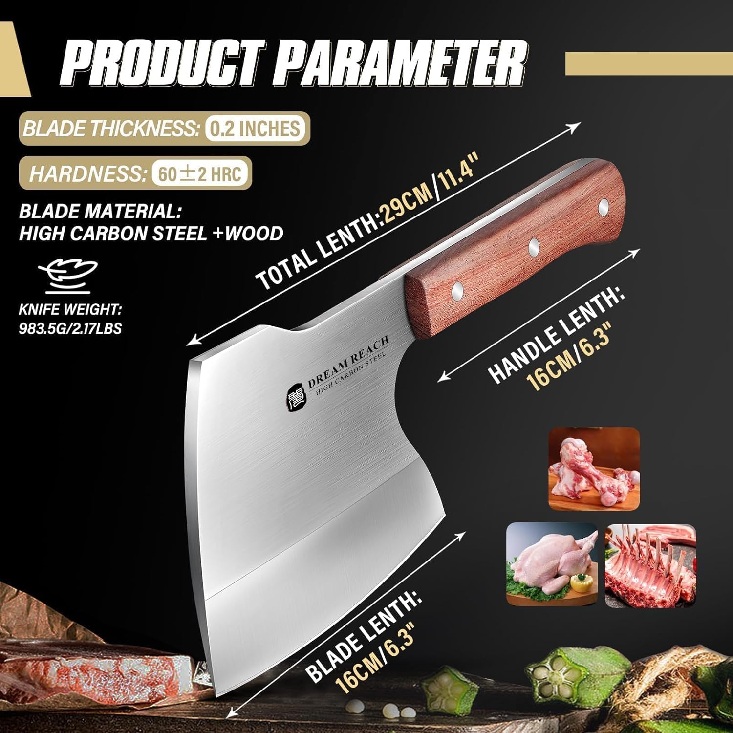 Dream Reach Meat Cleaver Knife Heavy Duty Bone Chopper Stainless Steel Butcher Axe Hand Forged Butcher Knife Meat Bone Cleaver for Kitchen Outdoor BBQ, Christmas Gifts for Men Women - Image 6