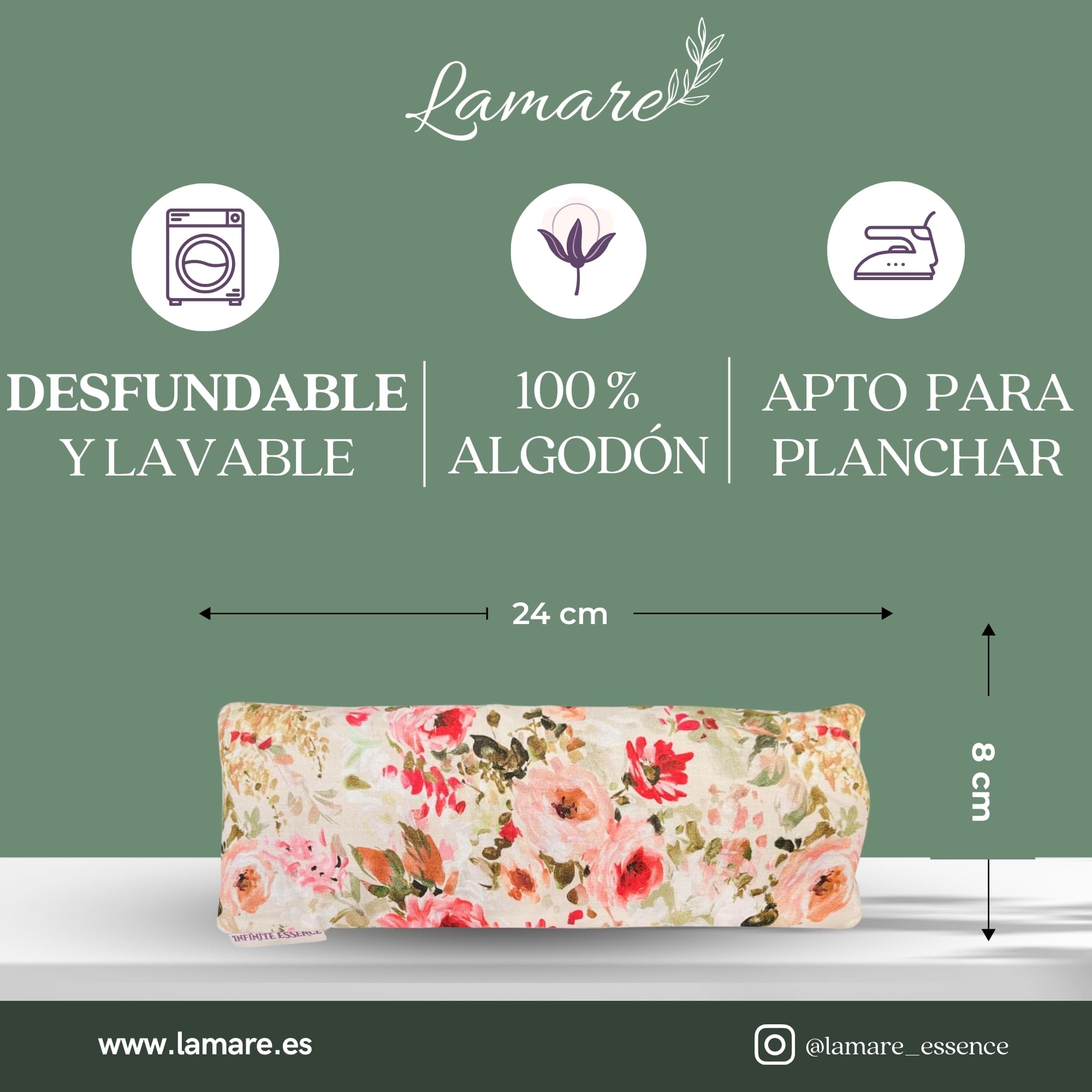 LAMARE Saco Semillas Microondas de Trigo y Lavanda 24 x 8 cm Funda Lavable 100% Algodón - Cojín Térmico Para Ojos Terapia Frío y Calor y Cólicos Bebe. (Rosas Crudo) Saco de Semillas Para Microondas.