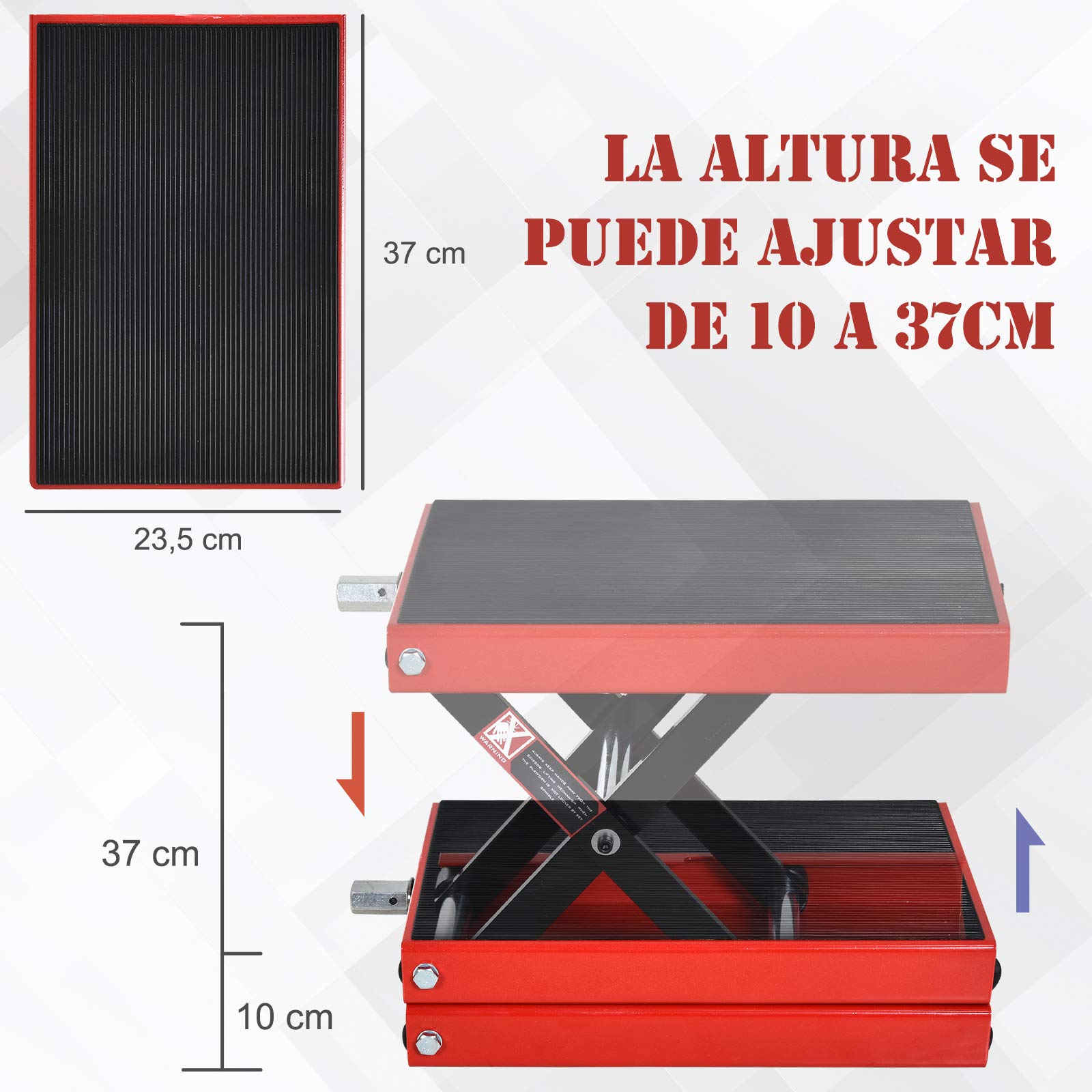 DURHAND Plataforma Elevadora de Tijera Carga 500 kg Altura Ajustable 10-37 cm Soporte para Motocicletas Soporte de Moto para Aparcar o Reparar Taller Garaje 41,5x23,5x10-37 cm Negro y Rojo