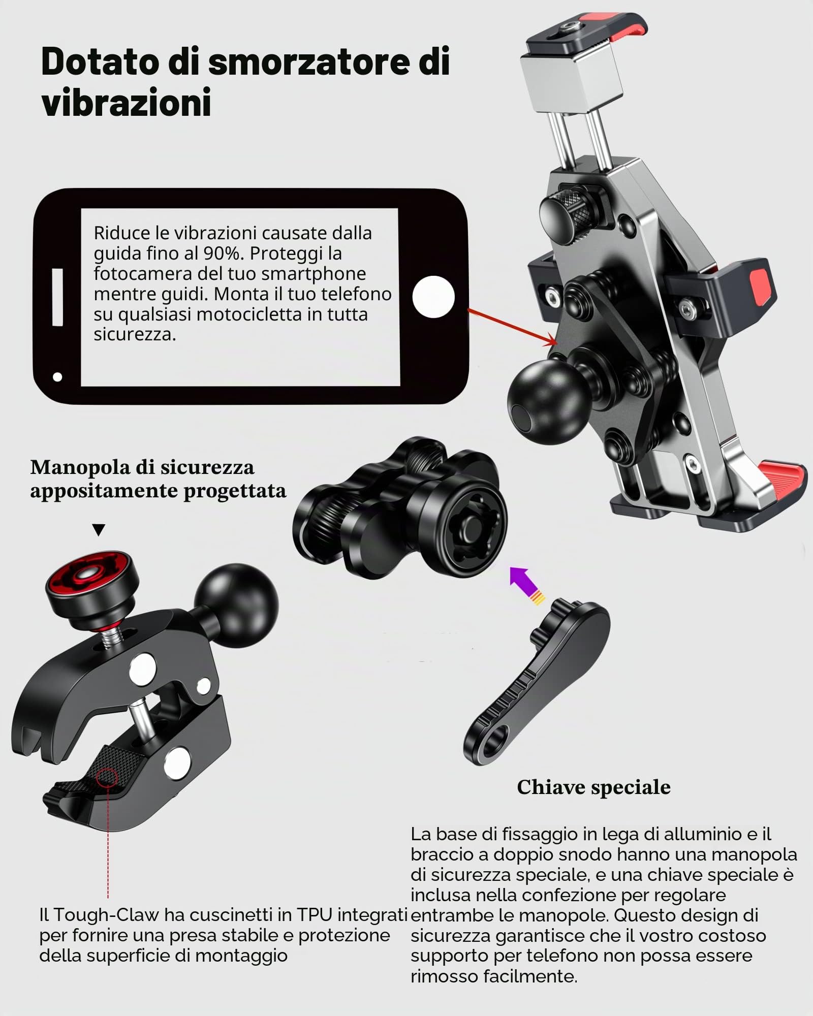 BRCOVAN Lega Alluminio Supporto Telefono Motociclo con Smorzatore Vibrazioni, Metallo Manubrio Porta Telefono per Moto Bici Scooter ATV UTV per 4.7''-7.2'' Smartphone