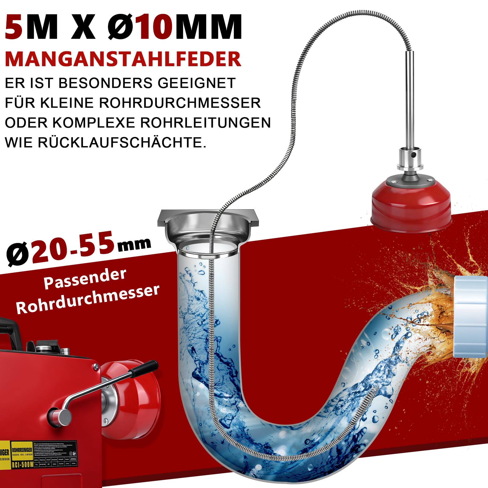 500W Elektrisch Rohrreinigungsmaschine mit 13X köpfe Ø16mm 21M + Ø10mm 5M | f. Ø30-100 mm Rohrleitungen, 450 U/m, Elektrisch Rohrreinigungsgerät Rohrreiniger Reinigung Abflussreiniger Rohrreinigung
