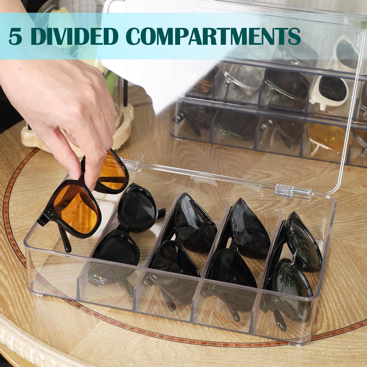 Condition photo showing New/Like New for forup sunglasses organizer, plastic stackable eyeglass case storage organizer, sunglass glasses storage box with hinged lid clear 3