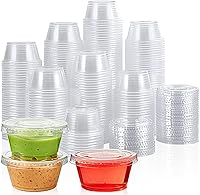 Vista 10 de Lilymicky 400 juegos de vasos de plástico desechables de 1 onza con tapas, pequeños recipientes de plástico para condimentos para salsa, vasos