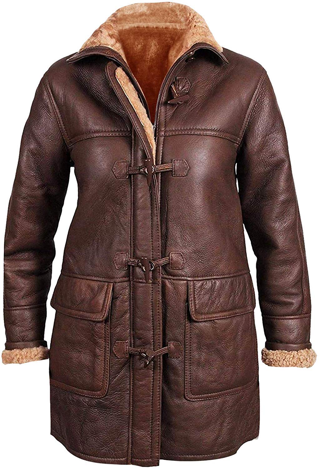 Lp Faconwomens Duffle Coat Brown Sheepskin Leather Fur Shearling