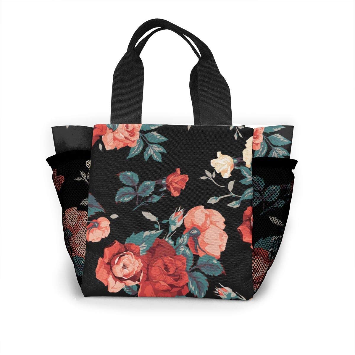 Red Roses Women Portable Lunch Bag Tote Bags Insulated Leakproof Thermal Cooler Box for School Work Picnic,Black,One Size