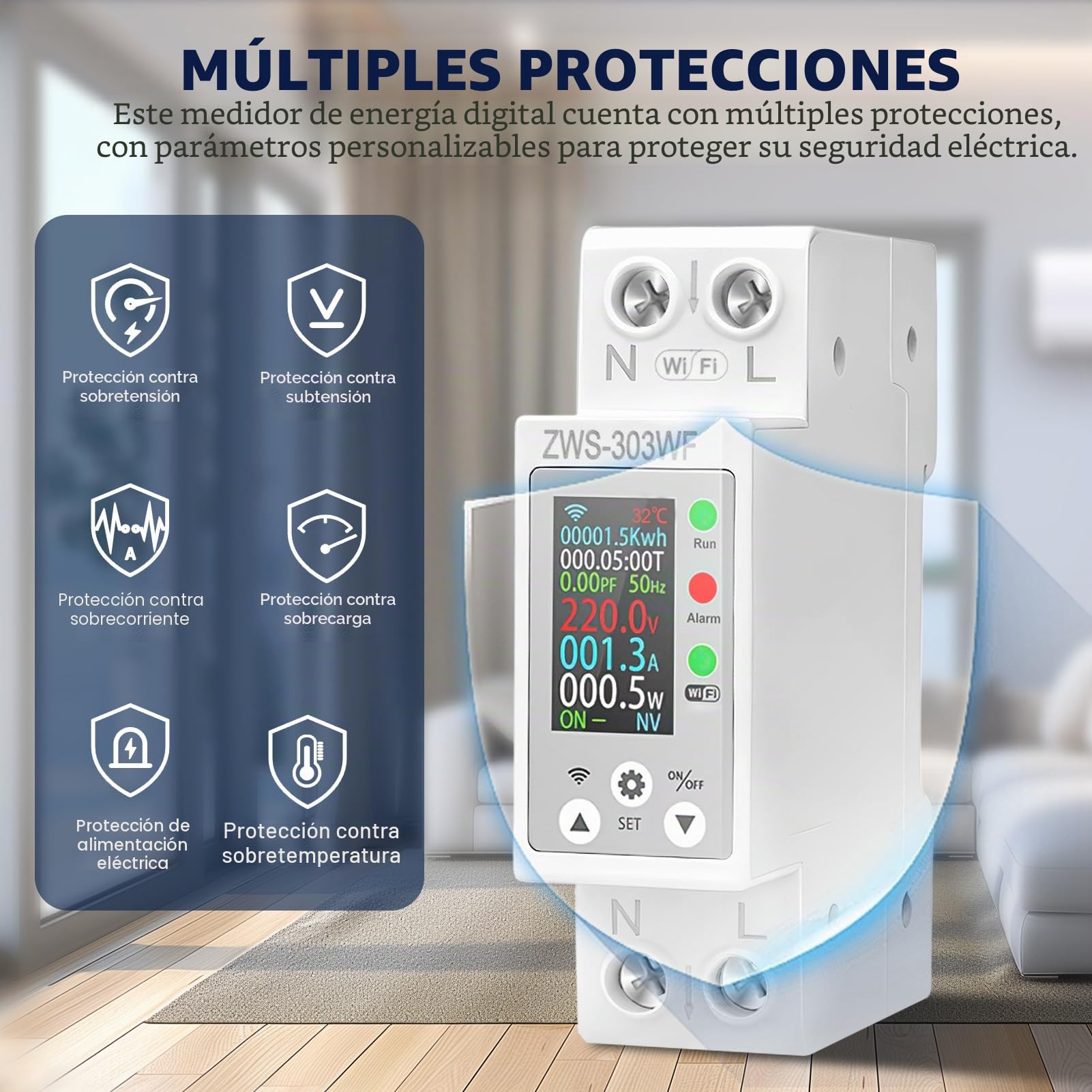 Medidor de consumo electrico wifi 63A contador electrico inteligente AC 80-300V contador de energía monofasico Protección contra fugas con sobrecarga y retraso de sobrecorriente ZWS-303WF