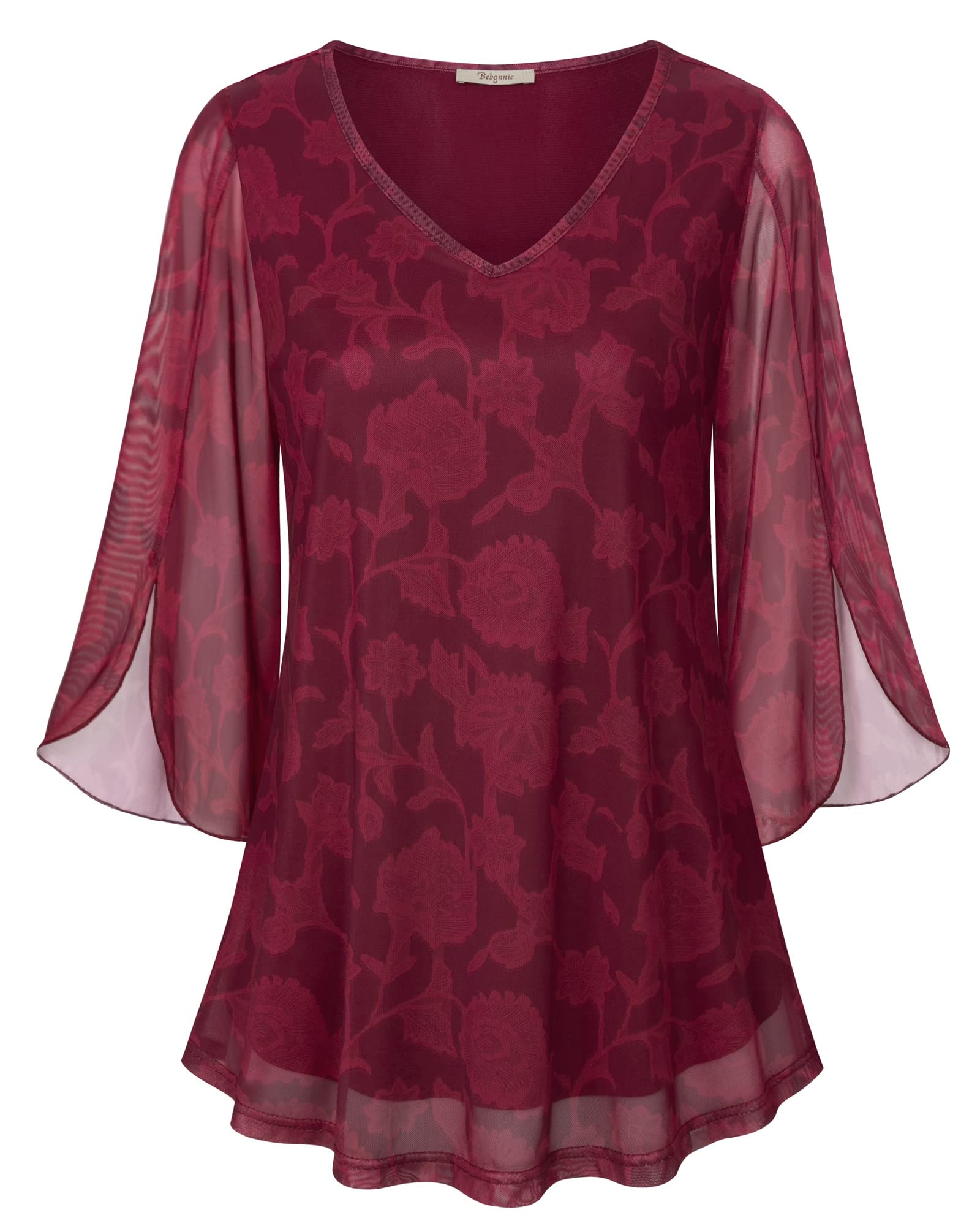 Bebonnie Womens Ruffle 3/4 Sleeve V Neck Double Layers Mesh Blouses Loose Fit Flowy Tunic Tops