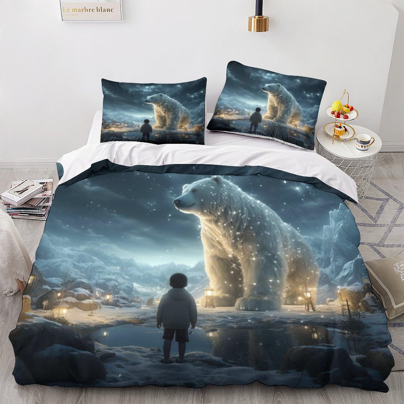 GEEYOU Polar Bear Finesse Quilt Cover Set Hidden Zipper Sky Duvet Cover Set with Pillowcases Bedding Set Soft Microfiber Comforter Cover Various Sizes for Kids Adults King（220x240cm）