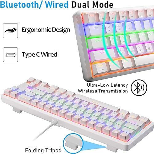 Miniatura 3 de Teclado mecánico inalámbrico para juegos, 60% ultra compacto, retroiluminado azul, recargable, Bluetooth, doble cableinalámbrico con interruptores