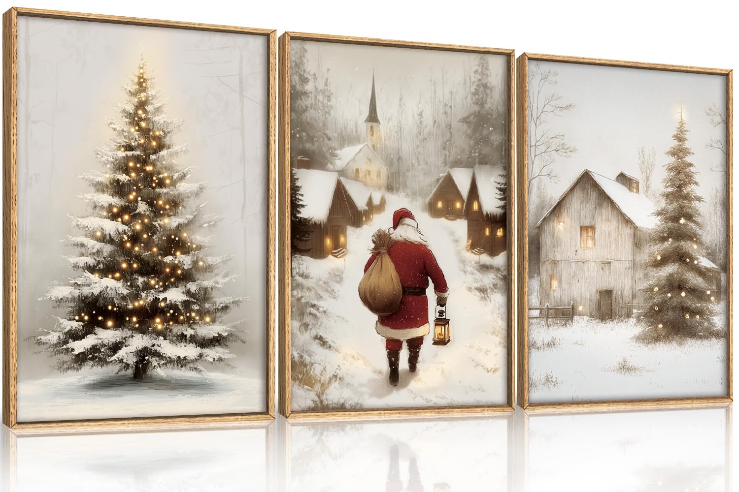 KAIRNE Winter Santa Claus Walking in Snow Framed Canvas Wall Art-16"x24"x3