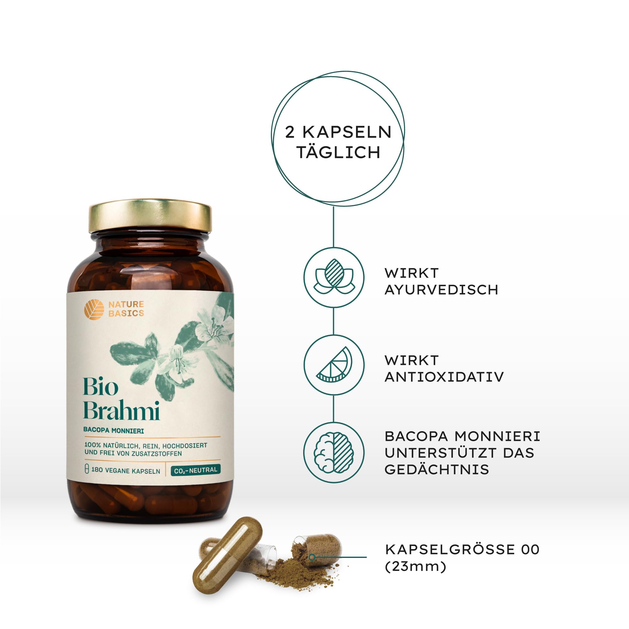 Bio Brahmi - 180 Kapseln hochdosiert / 1000 mg Brahmi Bacopa Monnieri pro Tagesdosis/Ayurveda Nahrungsergänzung/Vegan, Zertifiziert & Nachhaltig im Glas