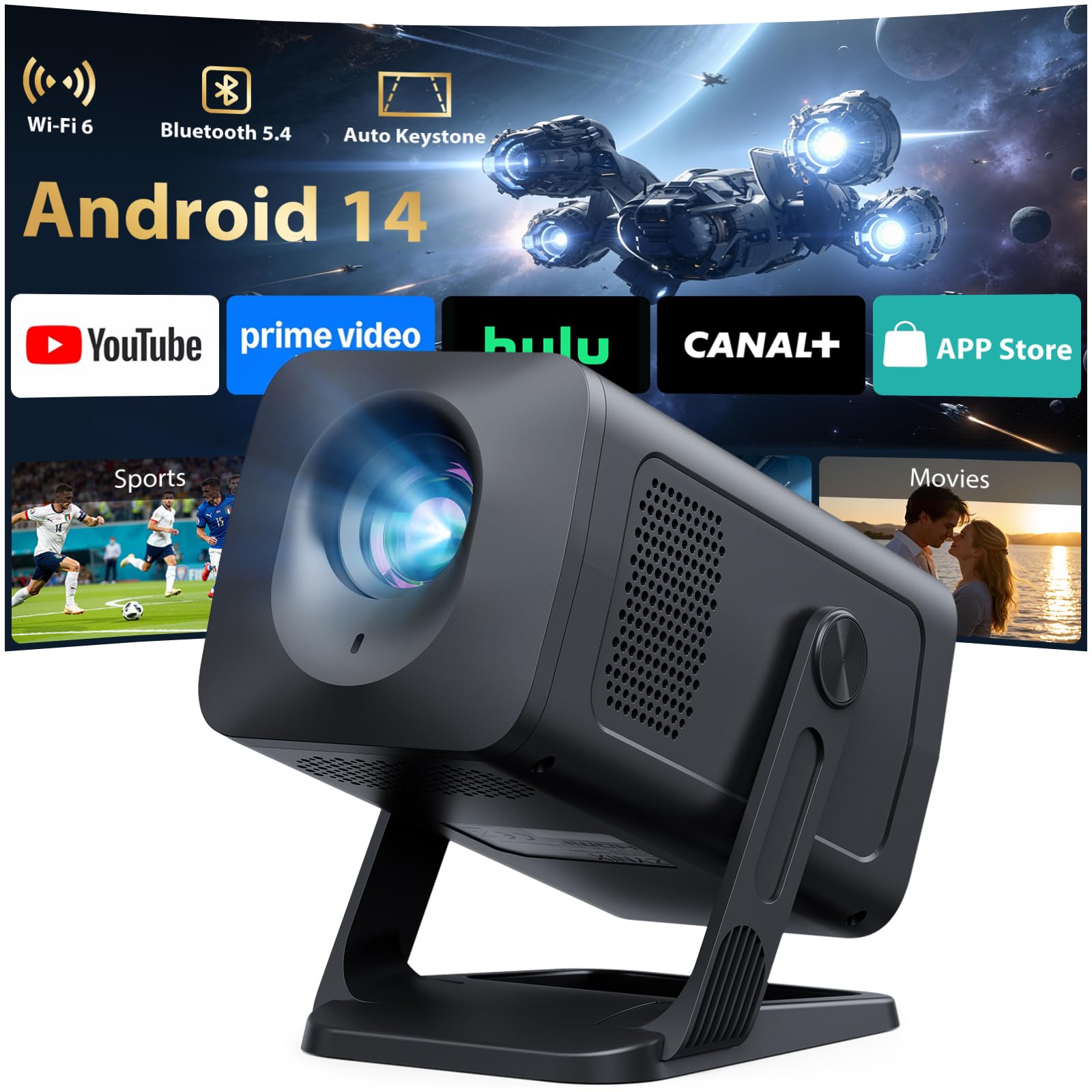 Videoprojecteur【App Intégrée & Auto Keystone】 Android 14, Retroprojecteur | NIX500 Mini Projecteur Video Portable Courte Focale WiFi 6 Bluetooth 5.4 avec Rotation 210°, Supporte 4K 1080P Home Cinéma
