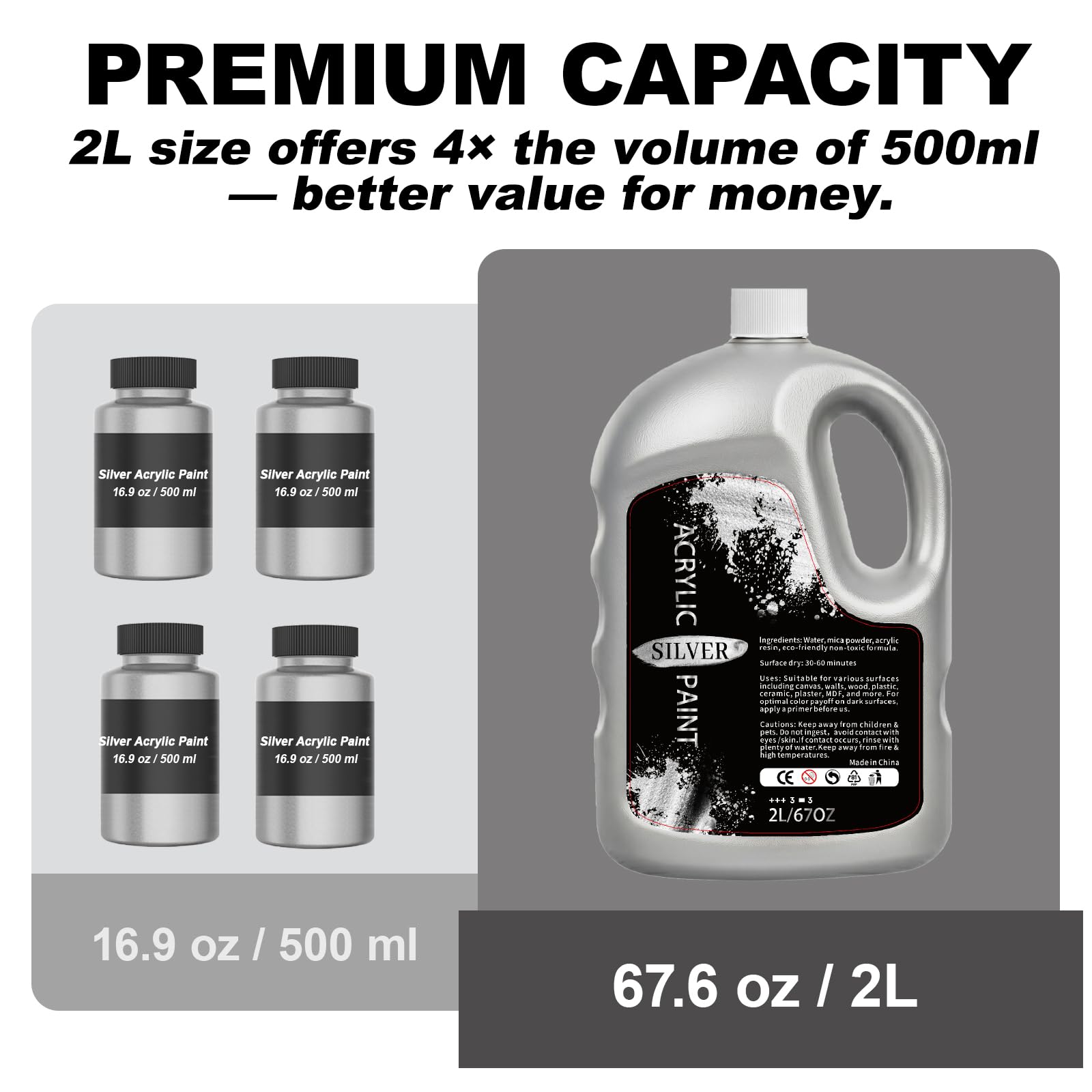 YULL Srebrna metaliczna farba akrylowa – 2000 ml wodoodporna i nieprzezroczysta srebrna farba akrylowa na płótno, kamień, drewno, papier, meble, tkanina i tektura do malowania