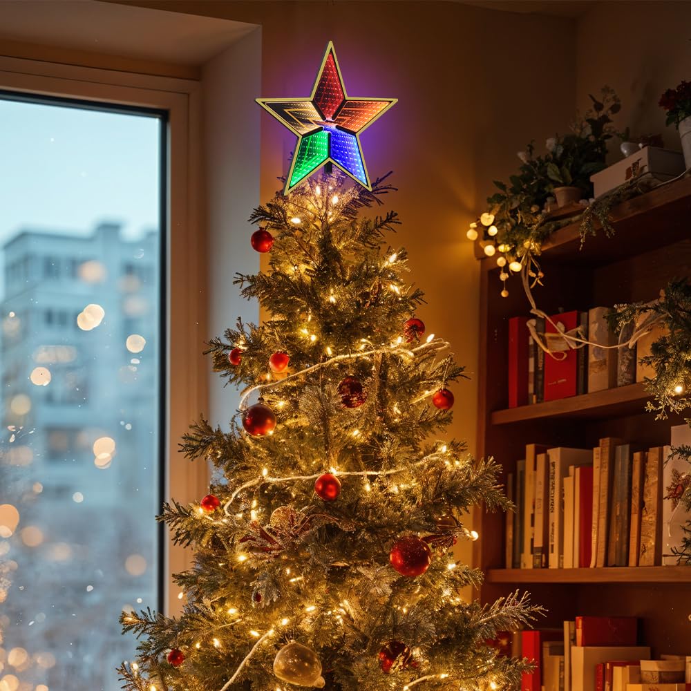 MEETYAMOR Ozdoba choinkowa, 38 cm, 130 diod LED, podświetlany złoty 5-punktowy czubek na choinkę, lustro nieskończoności 3D, kolorowe światła, błyszczące ozdoby świąteczne na wierzchołku drzewa