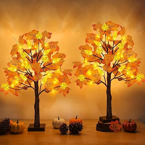 Miniatura 6 de Paquete de 2 decoraciones de árbol de arce de otoño preiluminadas de 24 pulgadas con 48 luces LED, temporizador de otoño, funciona con pilas,