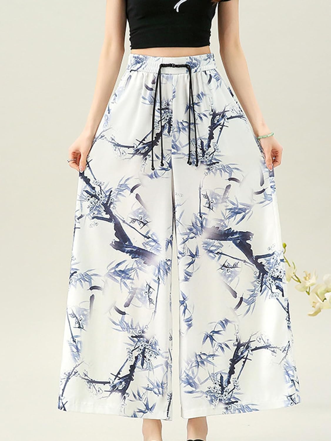 [Donahutt03] ワイドパンツ レディース ゆったり シフォンパンツ 花柄 ファッション ガウチョパンツ ハイウェスト ウエ