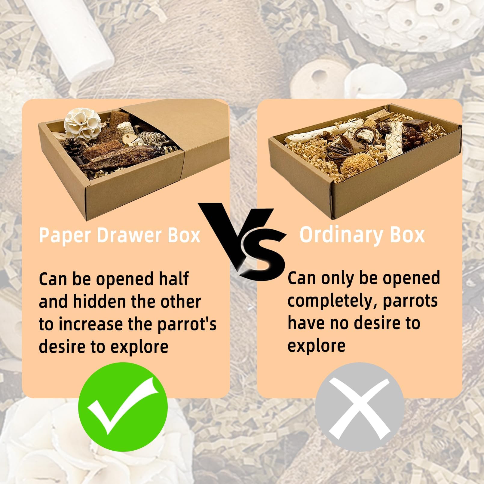 Vogelspielzeug, Vogelfutterbox, Papageienspielzeug, Vogelspielzeug für Sittiche mit Papierschublade, natürliche und bunte Vielfalt für Futtersuche und Kauspielzeug für Papageien, Sittiche,
