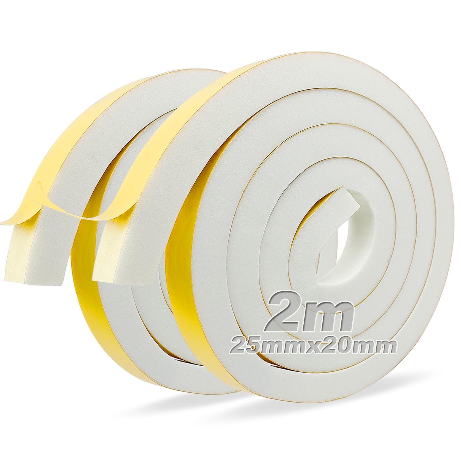 Moosgummi Selbstklebend Weiß Dichtungsband Selbstklebend 25 mm(B) x20 mm(D) Schaumstoff Klebeband für Fenster Türen Siegel Anti-Kollision Schalldämmung 2 Rollen je 2 m lang