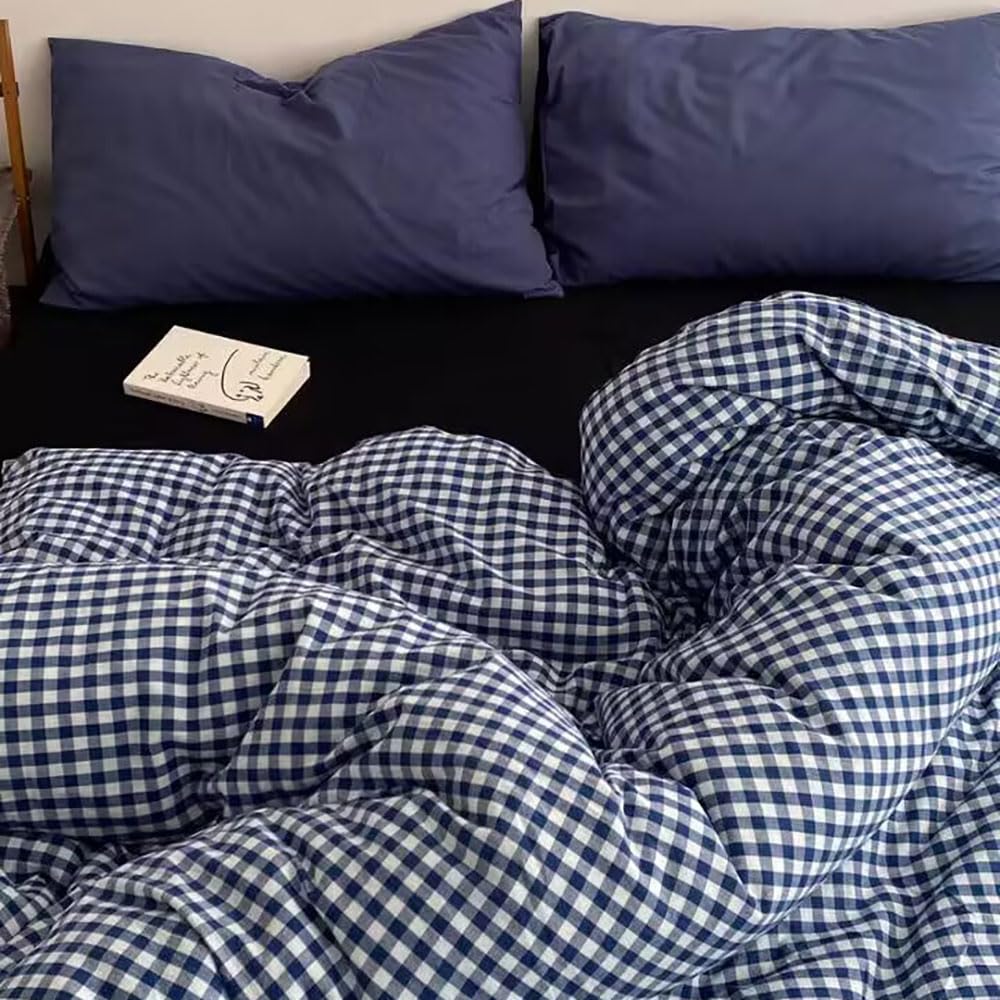Covebett Navy Blue Gingham Duvet Cover Sets King Blue White Grid Geometric Bedding Set Microfiber Dark Blue Checkered Plaid Quilt Cover 220x230 with Zipper Closure and 2 Pillowcases 50x75 cm