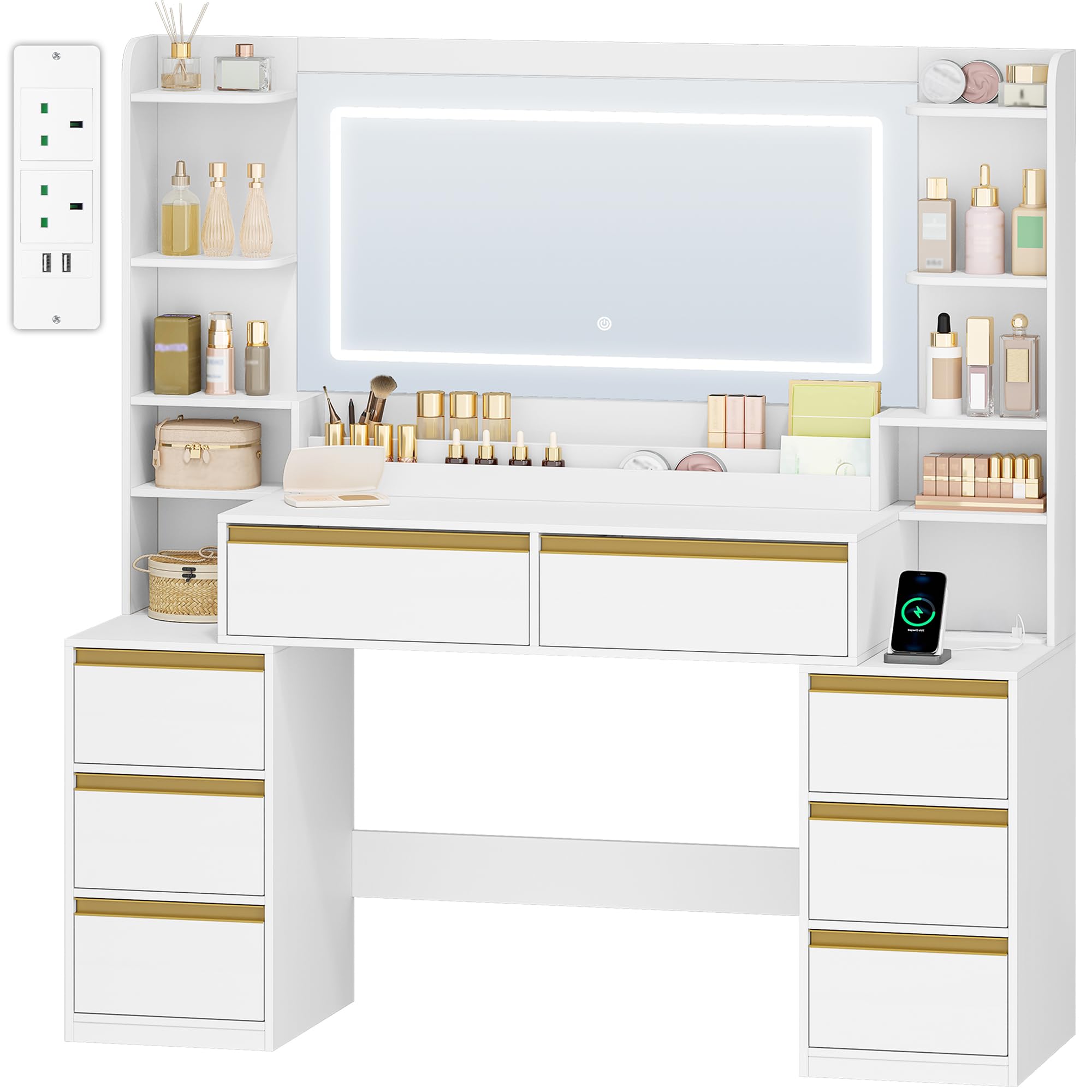 HEXCELEN 135 cm Dressing Table with Mirror, Vanity Desk, Adjustable 3-Colour LED Lights, Dressing Table with Plug, Hairdryer Holder, 8 Drawers, Open Storage Spaces, Modern, White-Gold