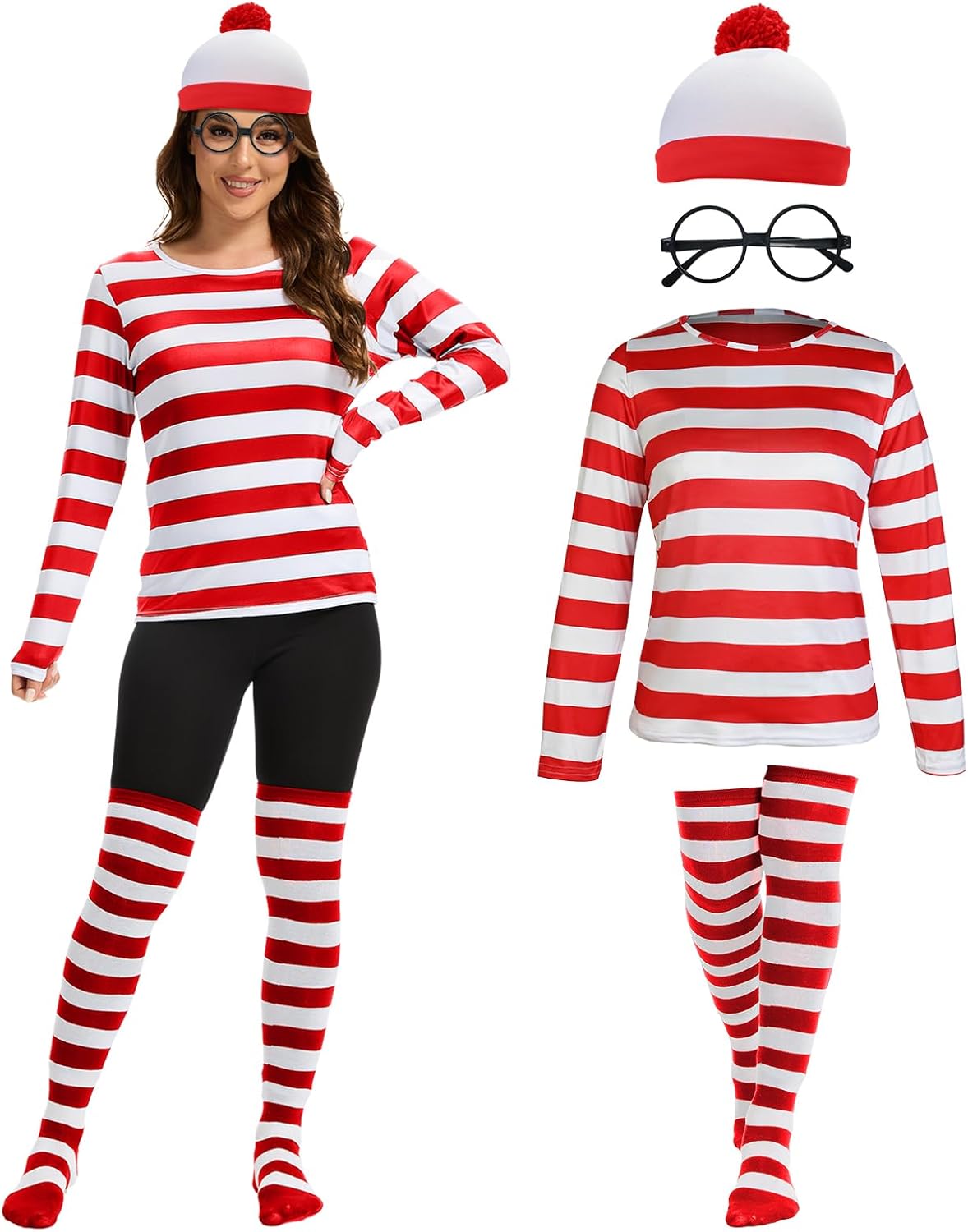 Adult Red and White Striped Shirt Women Funny Halloween Costumes Shirt Hat Socks and Glasses Suits