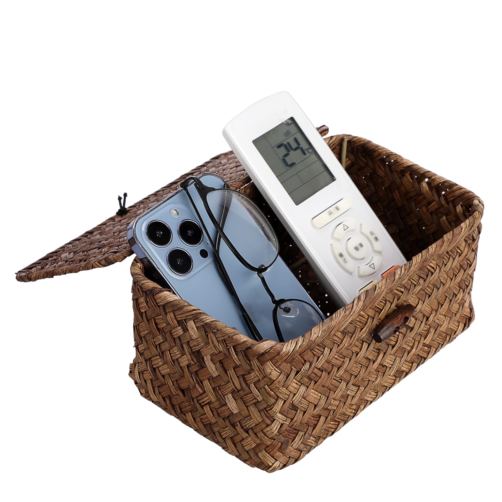 IGNPION Seagrass Desk Storage Basket with Lid, Small Wicker Entryway Keys Basket, Bathroom Organiser Box