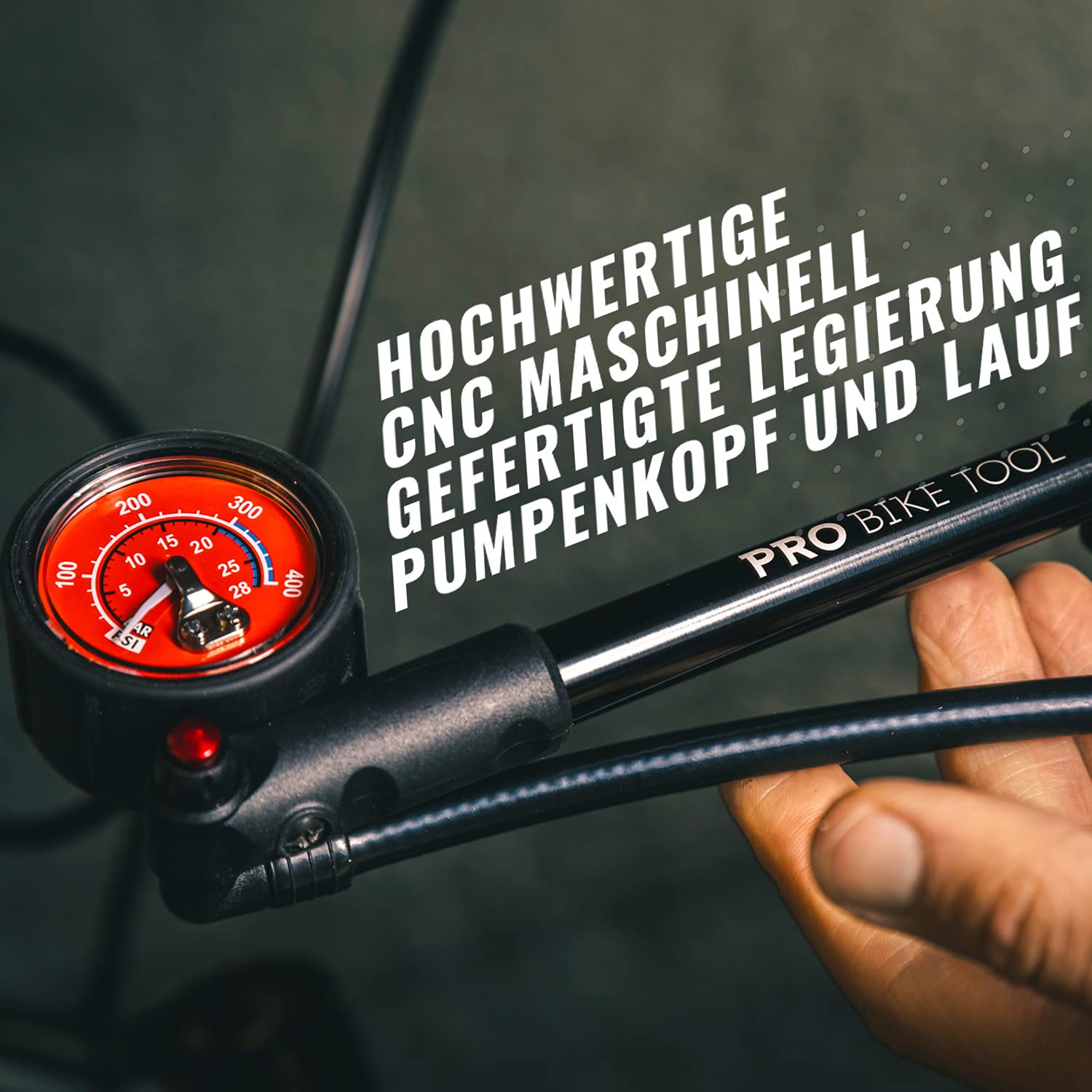 Pro Bike Tool Hochdruck Dämpferpumpe für MTB, Rennrad und Motorrad - High-Pressure Pump bis 300 PSI/20 Bar für Federung und Dämpfer - Mini Dämpferpumpe mit Manometer und ergonomischem Griff