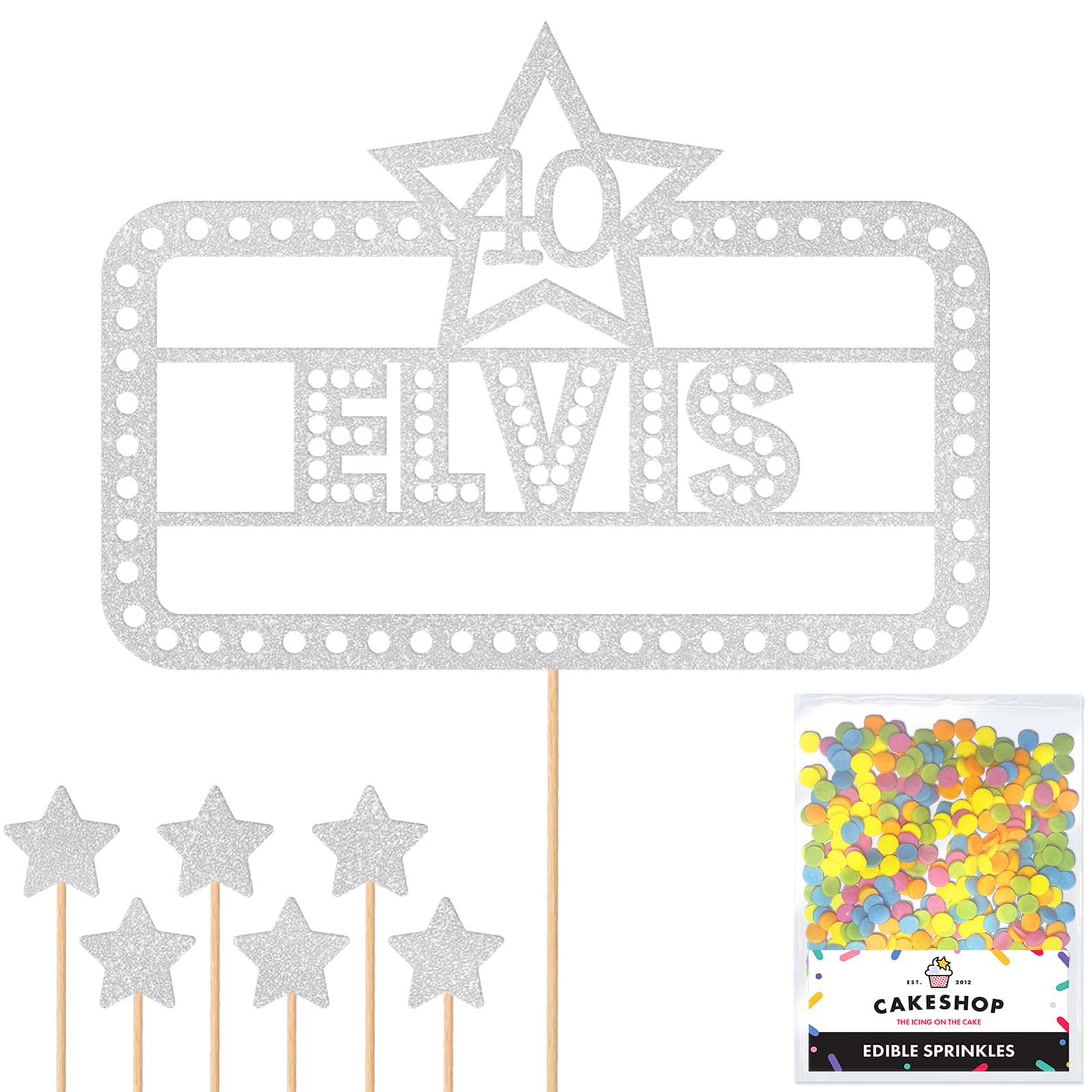 Personalised Happy Birthday Glitter Cake Topper - Light Silver Any Name & Age in Lights Glitter Cake Decoration and Sprinkles - Happy Birthday Decorations - Personalised Toppers for Cakes by Cakeshop