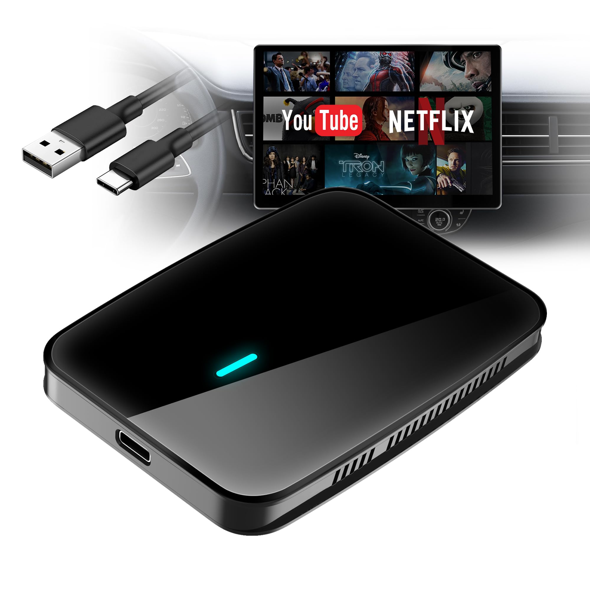 Adaptador Inalámbrico CarPlay Android Auto, CarPlay AI Box para CP/AA por Cable, 2G+16G, Dual WiFi y Bluetooth Hub IoT, BLE, para Netflix/Youtube/Tarjeta TF, DriveChat AI Voice, CB4A