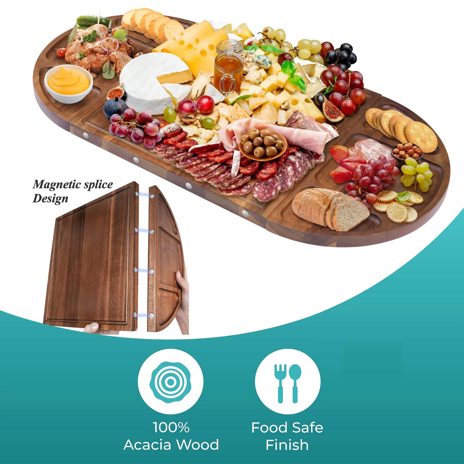 Tablas de embutidos de acacia grande y tabla de queso, juego de regalo de 3 piezas de tablero magnético largo y redondo, tabla de pastoreo de madera de acacia, bandeja de servir de madera para fiestas