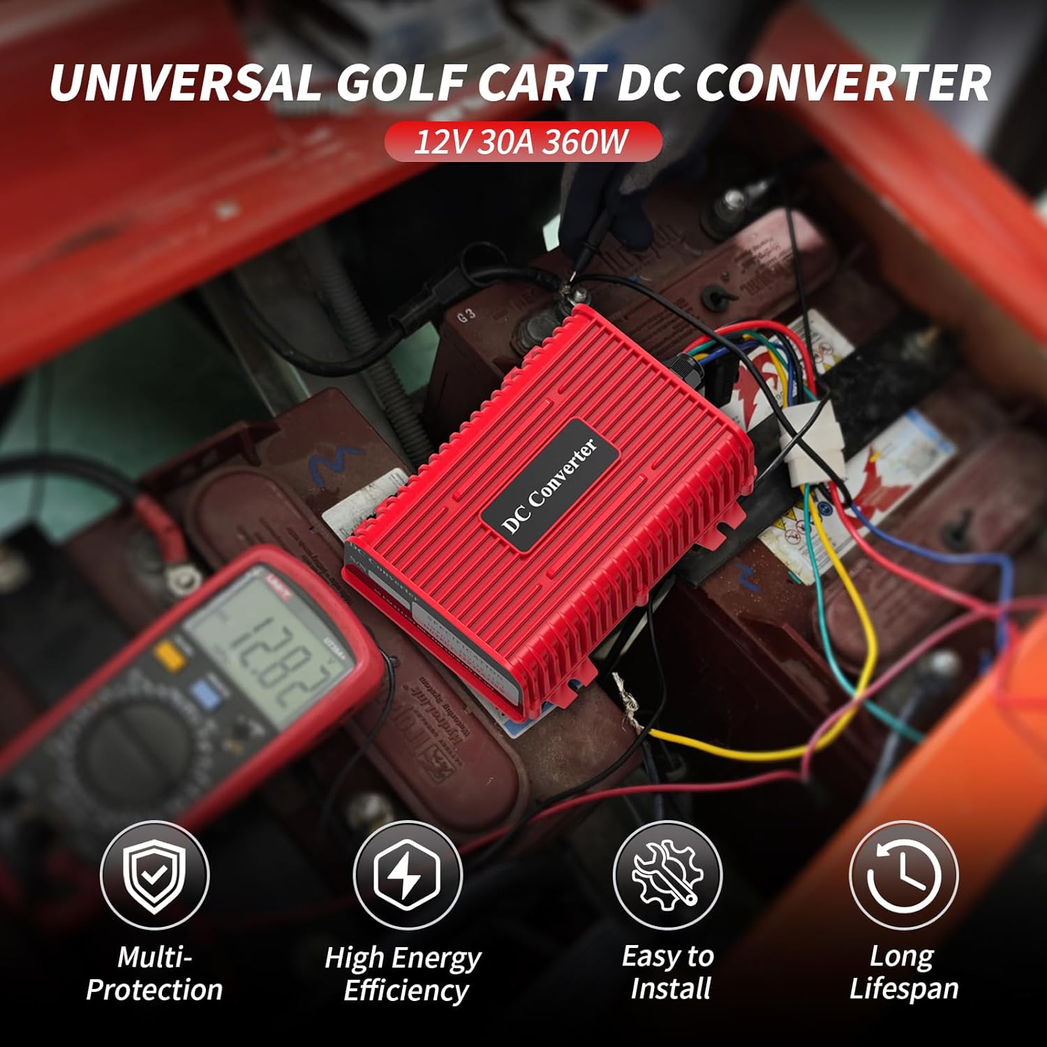 Universal 36V 48V to 12V Golf Cart Voltage Reducer DC Converter, 30A 360W DC Step Down Transformer with Fuse, Voltage Regulator for Club Car EZGO Yamaha