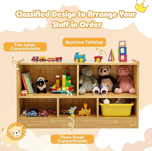 Miniatura 4 de MEDIMALL Estantería de almacenamiento de 2 niveles y 5 cubos, gabinete de estante abierto de madera, gabinete de exhibición multiusos, estantería