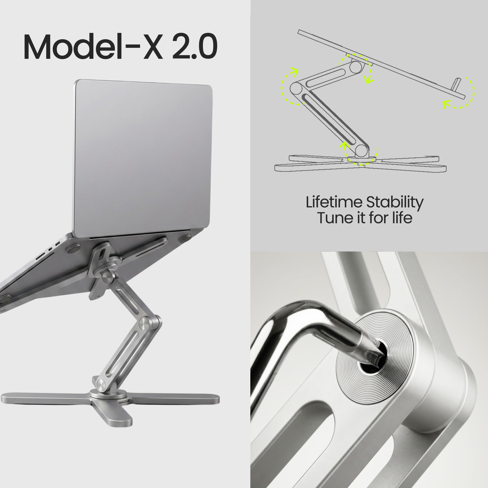 Model-X 2.0 - Soporte para computadora portátil, altura ajustable, soporte giratorio de 360 grados, soporte plegable de aluminio para MacBook Pro Air de 10 a 17 pulgadas (blanco polar)