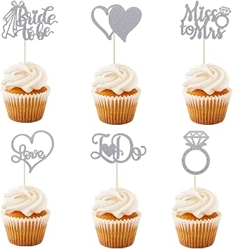 12Pcs Cupcake Toppers, Silver Cake Toppers with Diamond Ring Bride, 3D Heart Wedding Dress Cupcake Topper for Bridal Shower Wedding Engagement Bachelorette Party Cake Decorations