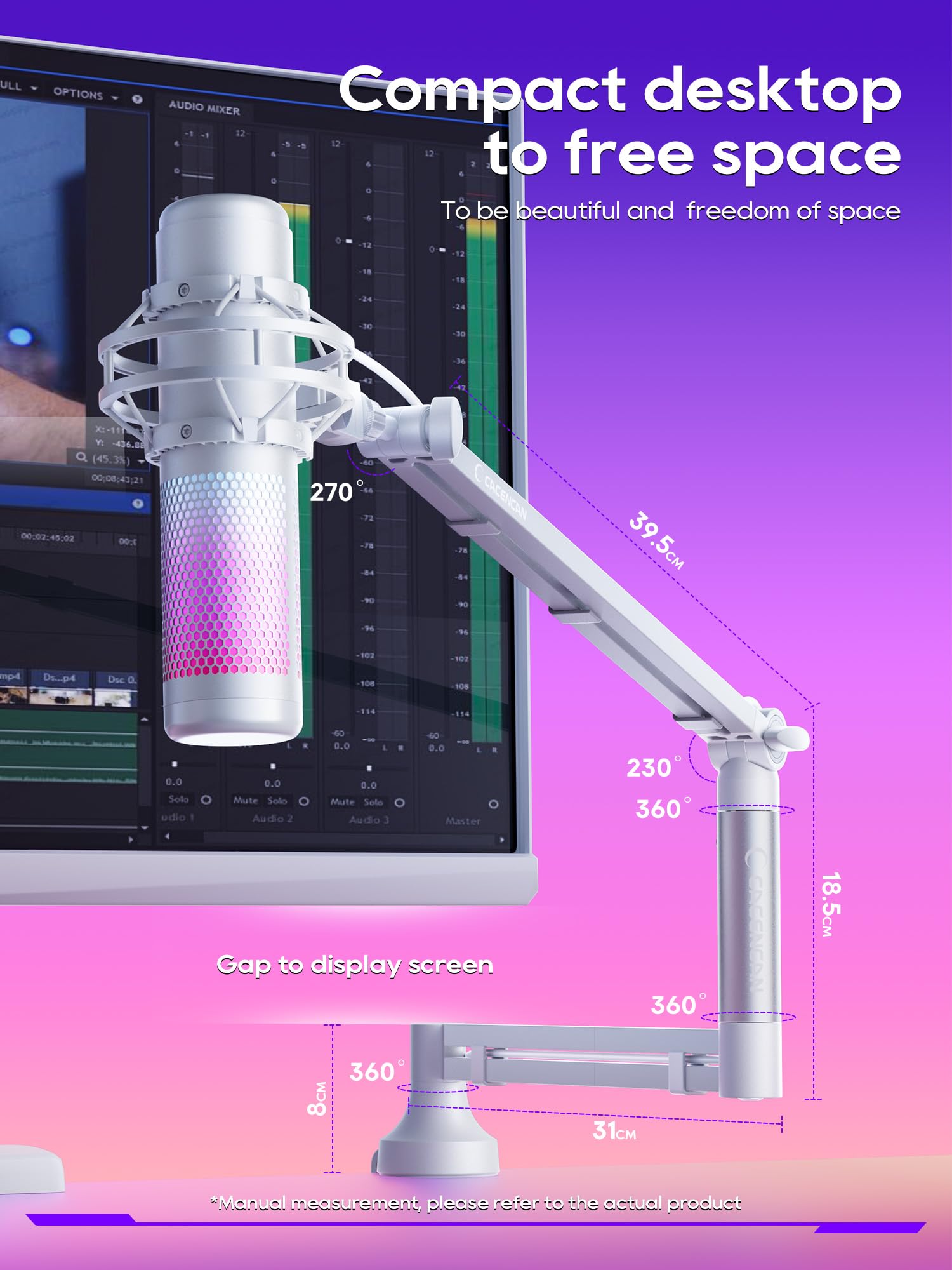M05 Pro Bras de microphone rotatif à 360° avec support de bureau, bras de microphone pliable avec adaptateur à vis de 3/8" à 5/8", bras de microphone pour streaming en direct, jeux (blanc)