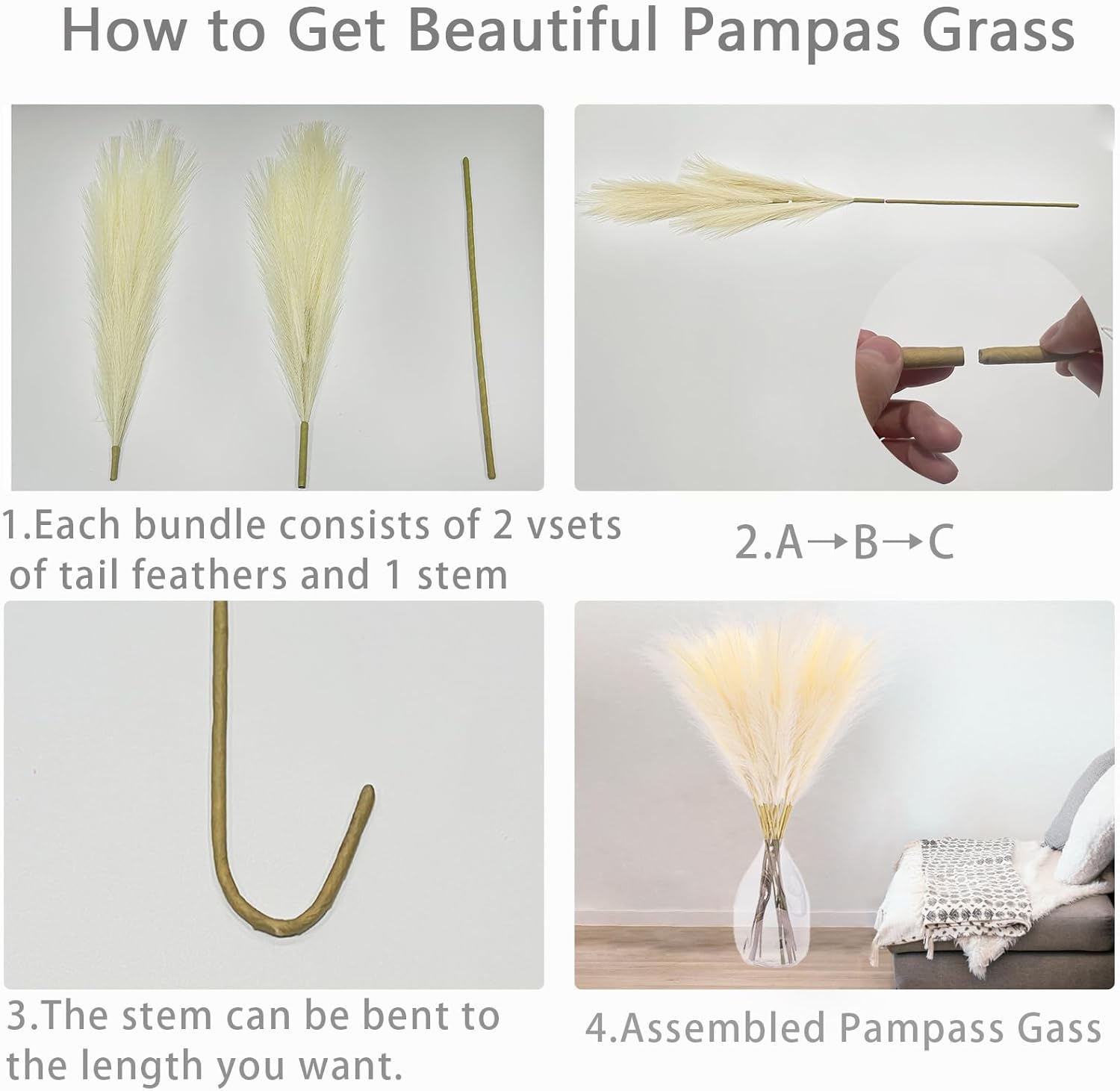 38" Faux Pampas Grass Decor - White & Beige Artificial Pampas Grass - 30 Count - Indoor/Outdoor/Gifting/Educational/Artistic