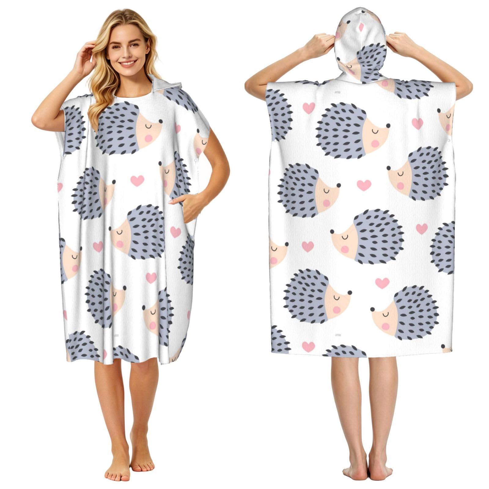 Poadnly Kawaii Hedgehog Heart, Adult Hooded Beach Towel 90 x 110 cm,Changing Bath Robe, Surf Poncho Towel For Women Men