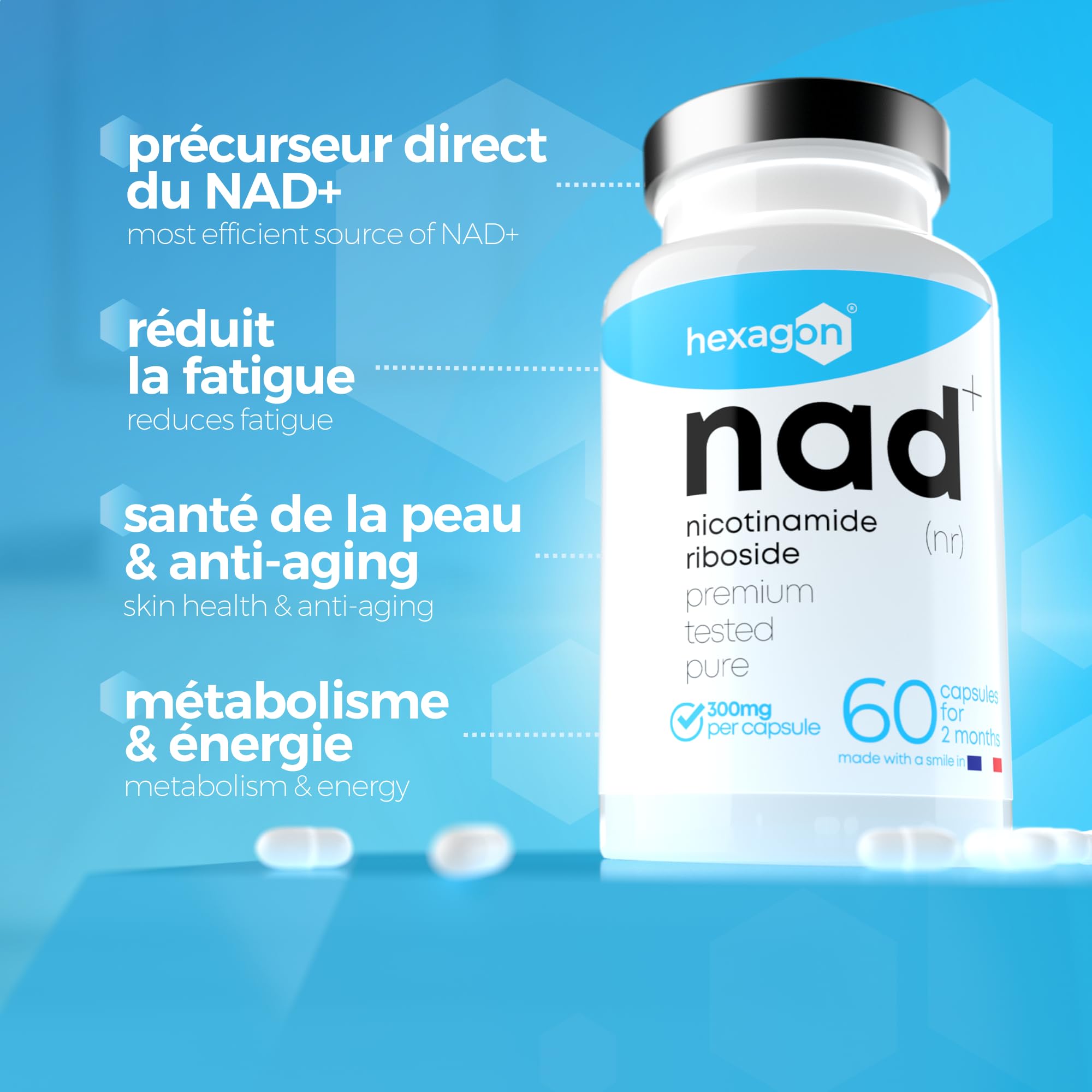 NAD+ Nicotinamide Riboside Chloride 300mg - +2 Mois de Cure - NAD Booster - Anti-Aging & Contre la Fatigue - Fabriqué et Testé en France - 60 Gélules Végétales - Vegan - Hexagon