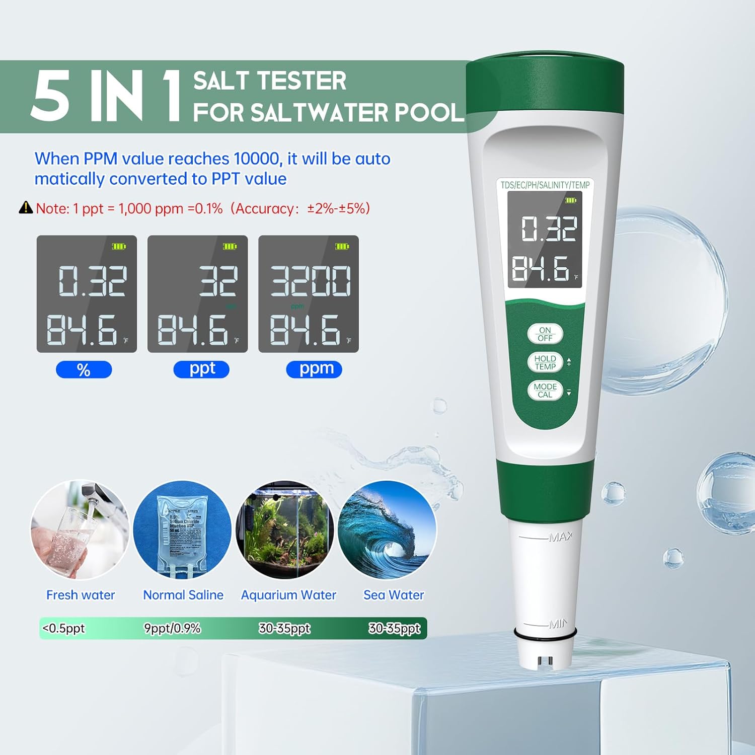 Salt Tester for Saltwater Pool & pH Meter, Digital Water Tester for Salinity,Temp,EC,TDS Meter for Pool Salt Tester,Hot Tubs & Spas,Hydroponics,Aquarium,Accurate & Reliable,5 in 1 Tester,Green