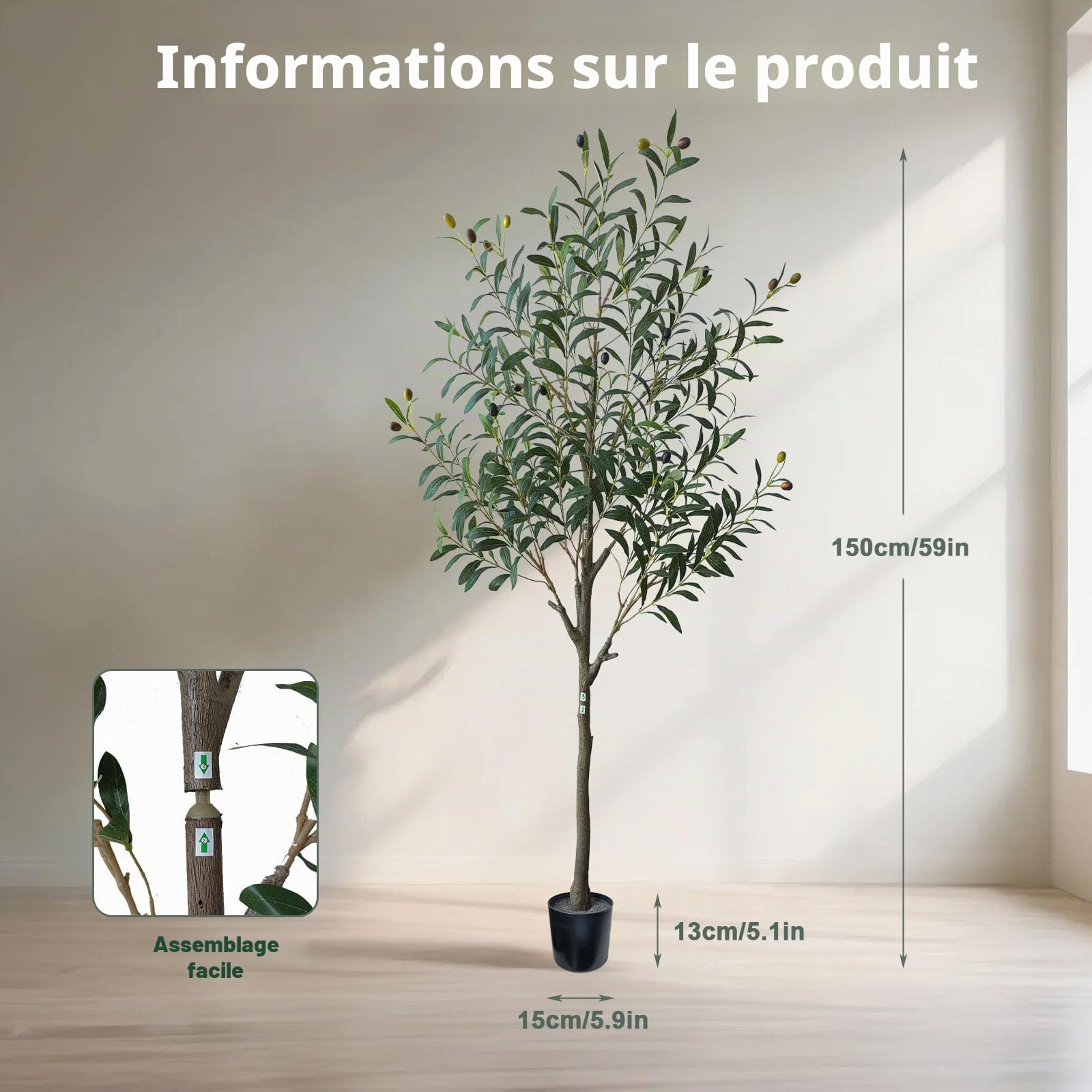 Grand olivier artificiel 150 cm pour salon, bureau, balcon, décoration d'événements